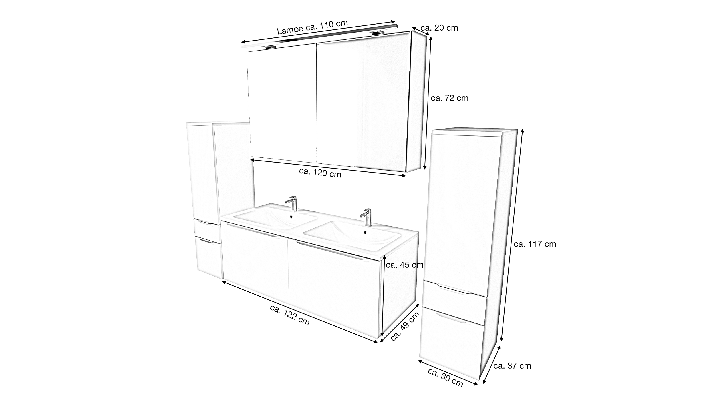 Badmöbel-Set weiß matt - 4 Teile - Waschtisch 121 cm - SANTANA