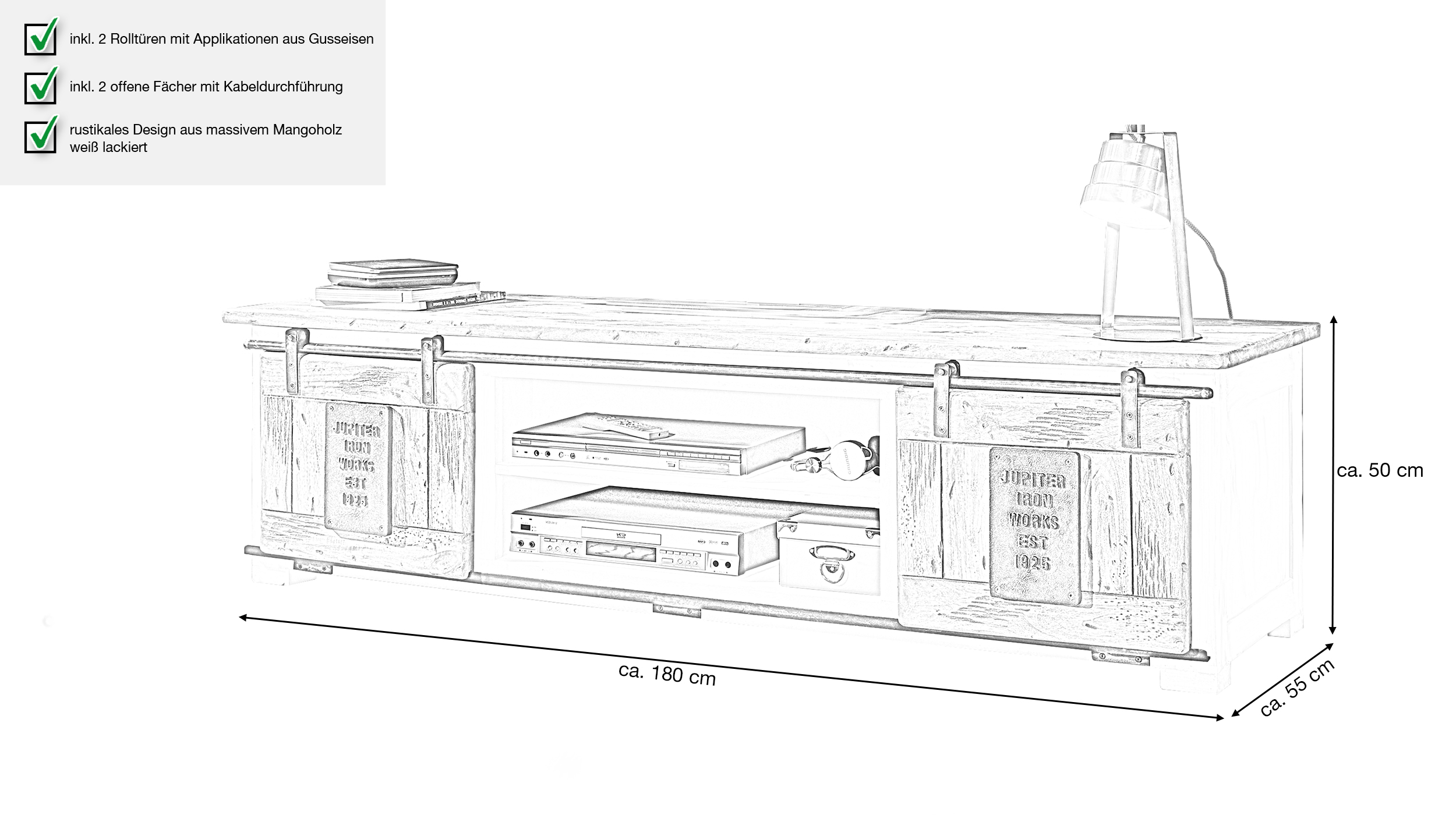 TV-Lowboard 2 Rolltüren Massivholz weiß Mango 180 cm - EMANUEL