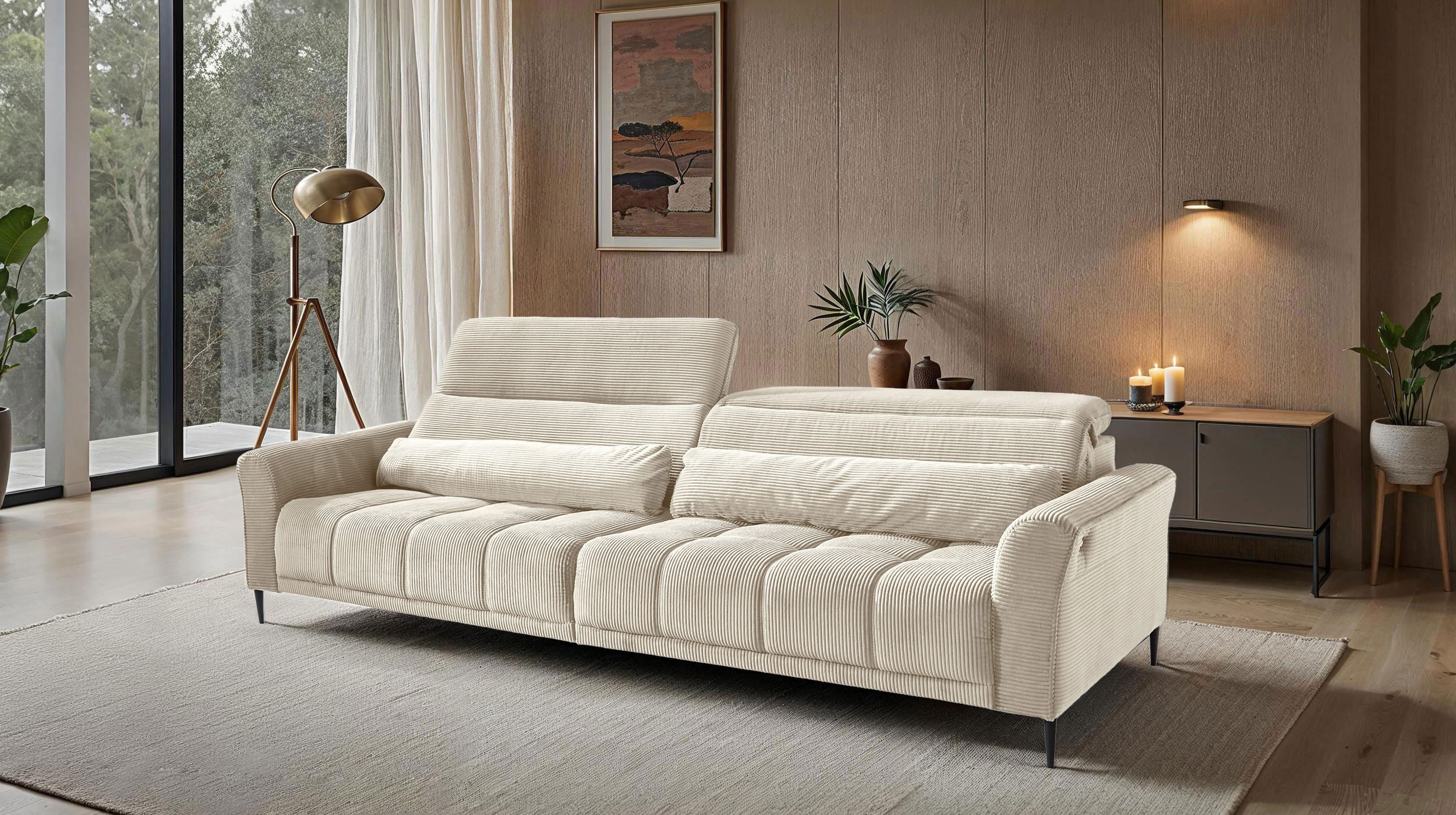 Big Sofa Cord beige elektrisch ausfahrbar 280 cm - LOGAN 