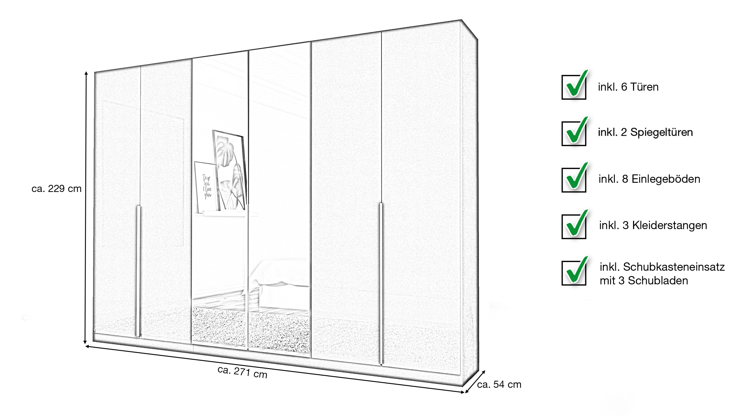 Kleiderschrank mit Spiegel - grau metallic - 271 cm - rauch - ALABAMA