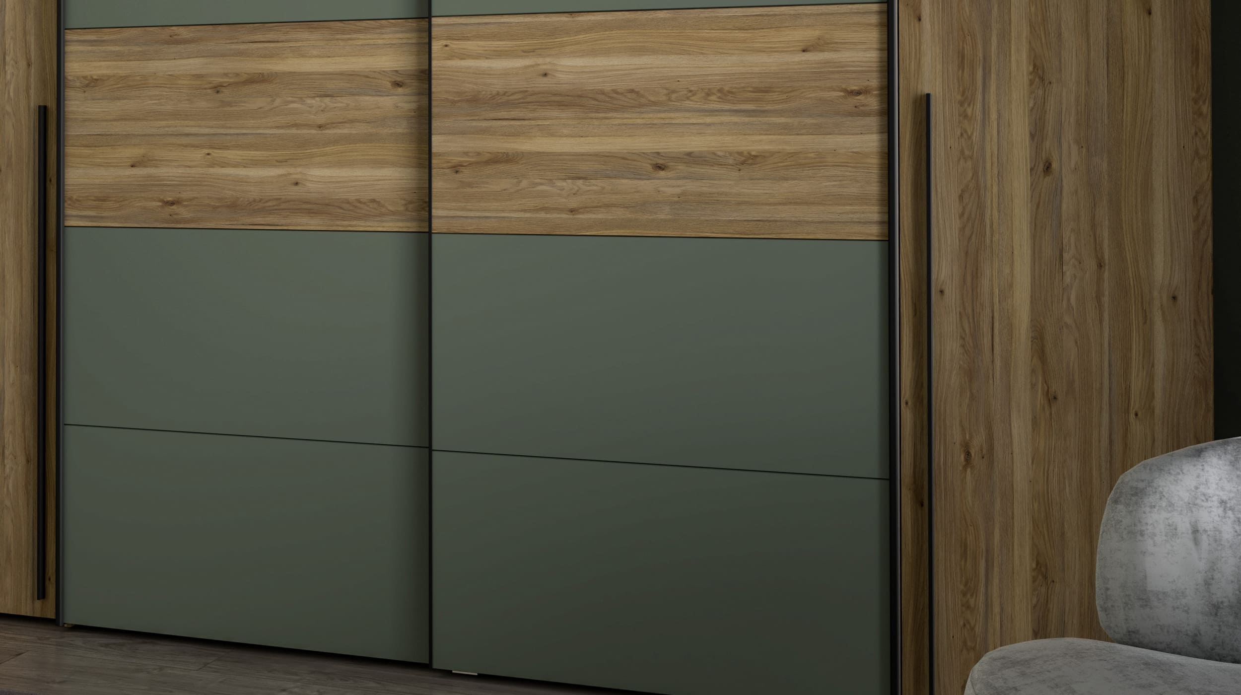 Kleiderschrank Eiche - grün - 270 cm - Schwebetüren - NARAGO 