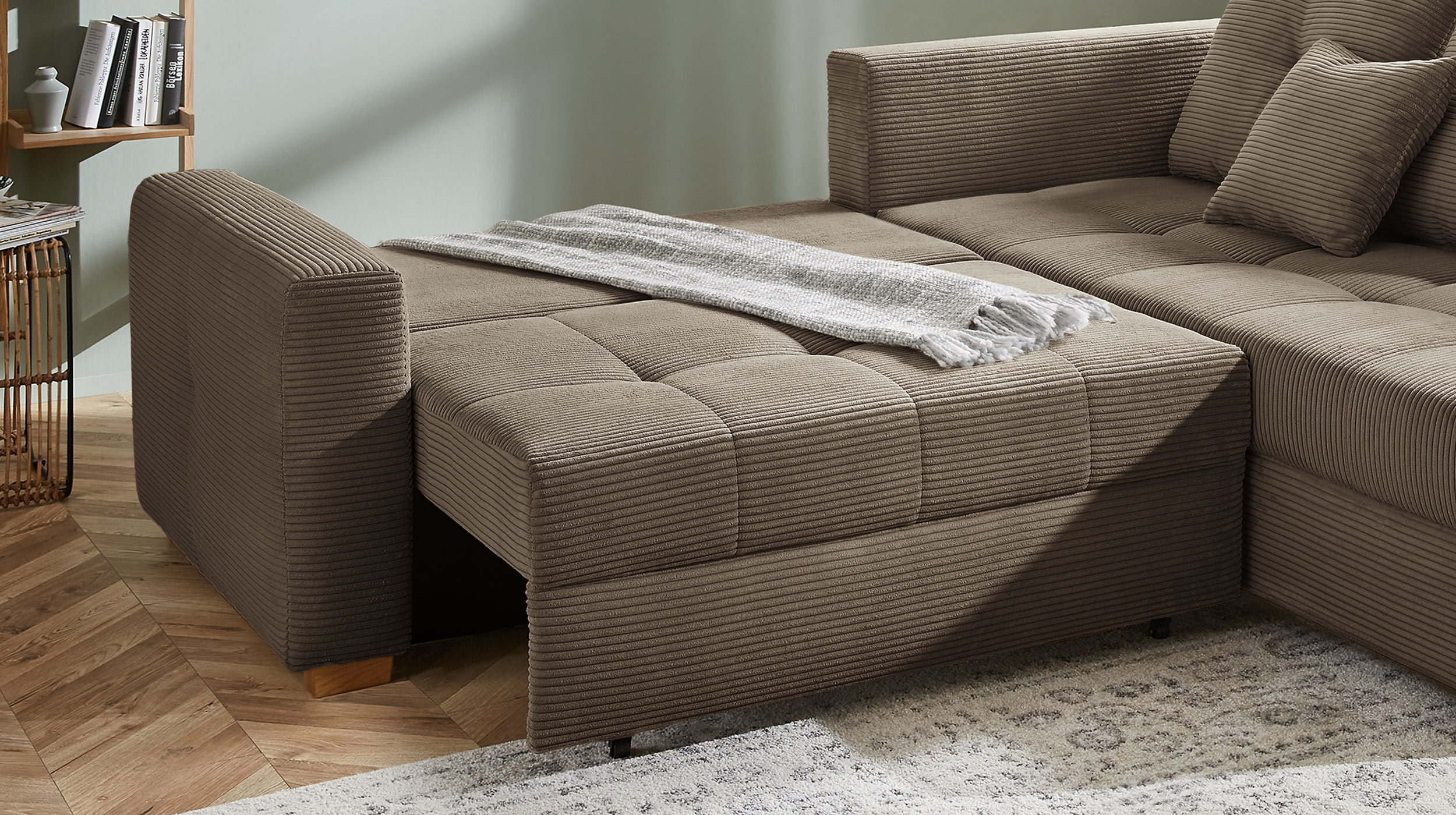 Ecksofa Cord taupe - Schlaffunktion Bettkasten 228 cm - HEIDELBERG