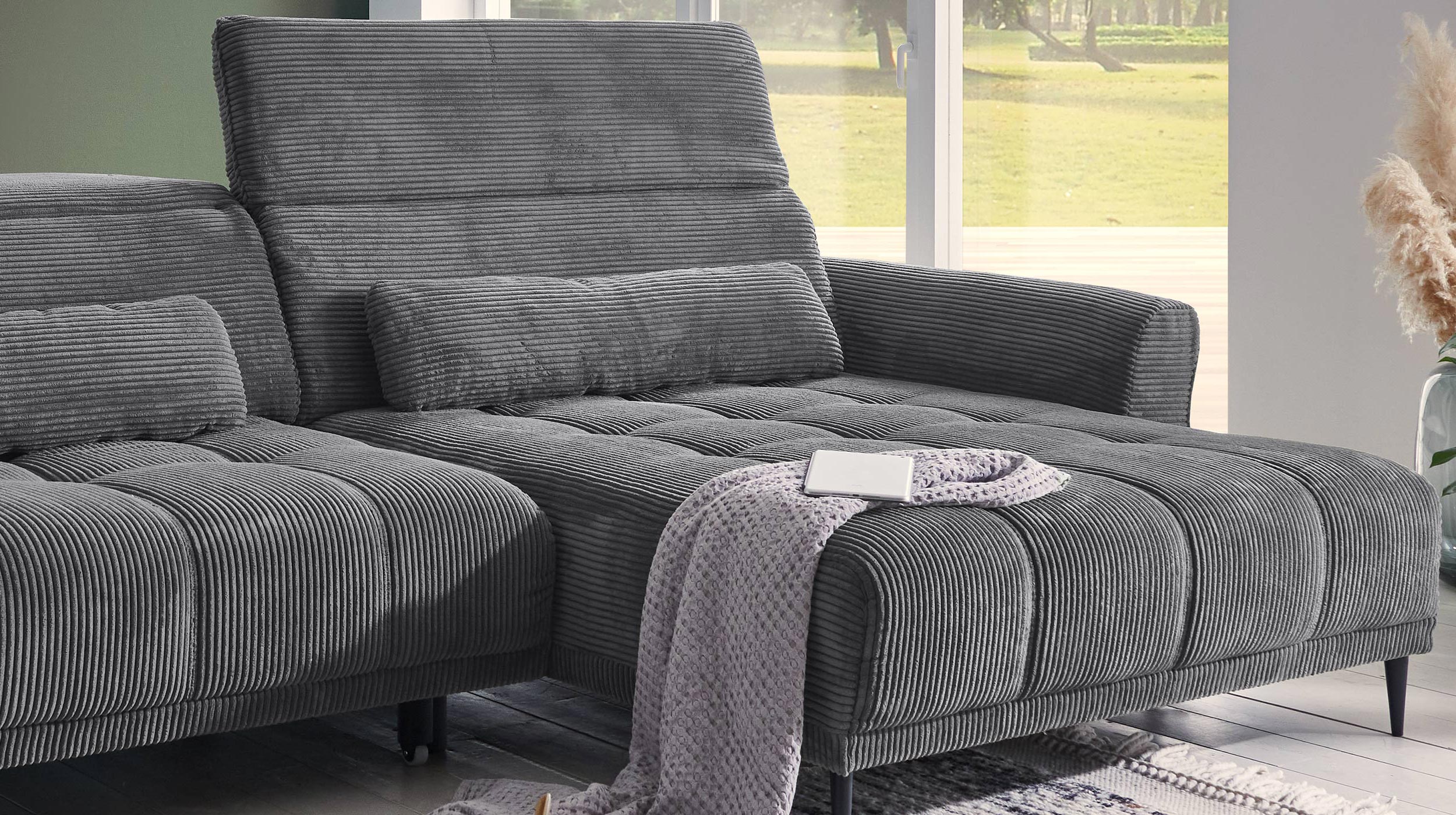 Ecksofa Cord grau ausziehbar - Sitztiefenverstellung - 277 cm - OT rechts - LOGAN