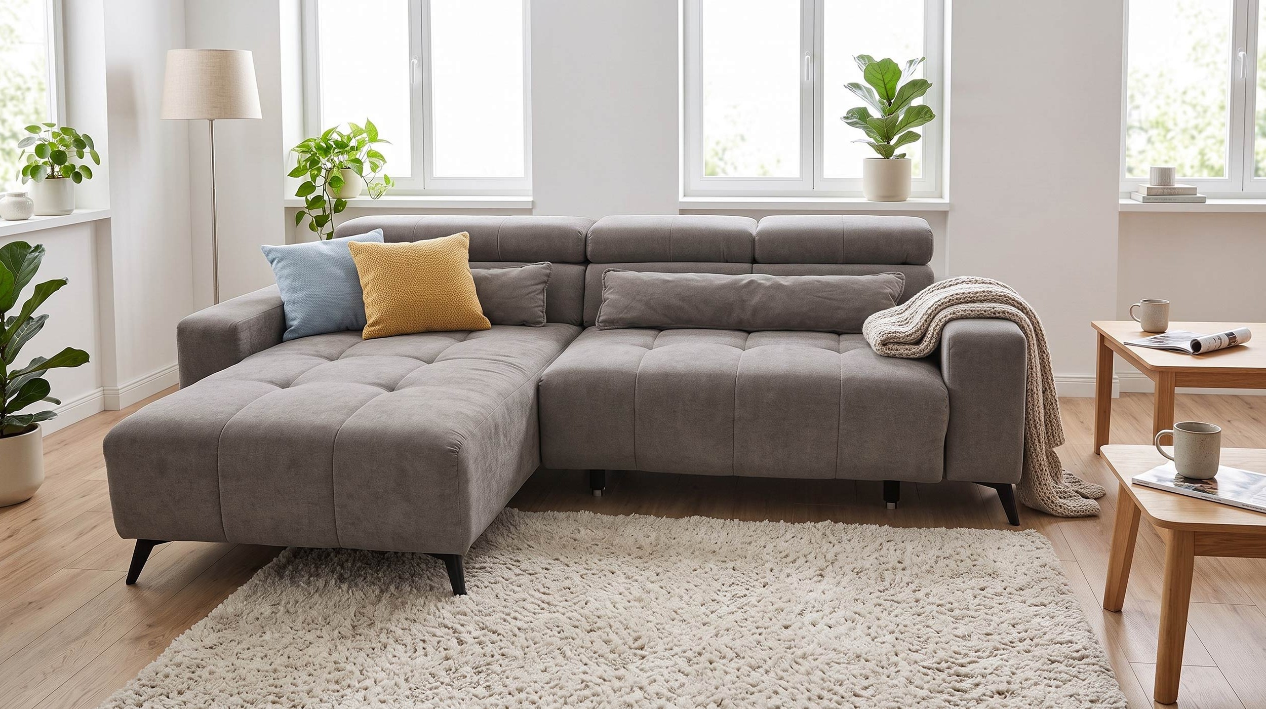 Ecksofa grau 267 cm mit XXL-Sitztiefenverstellung - OT links - BALI
