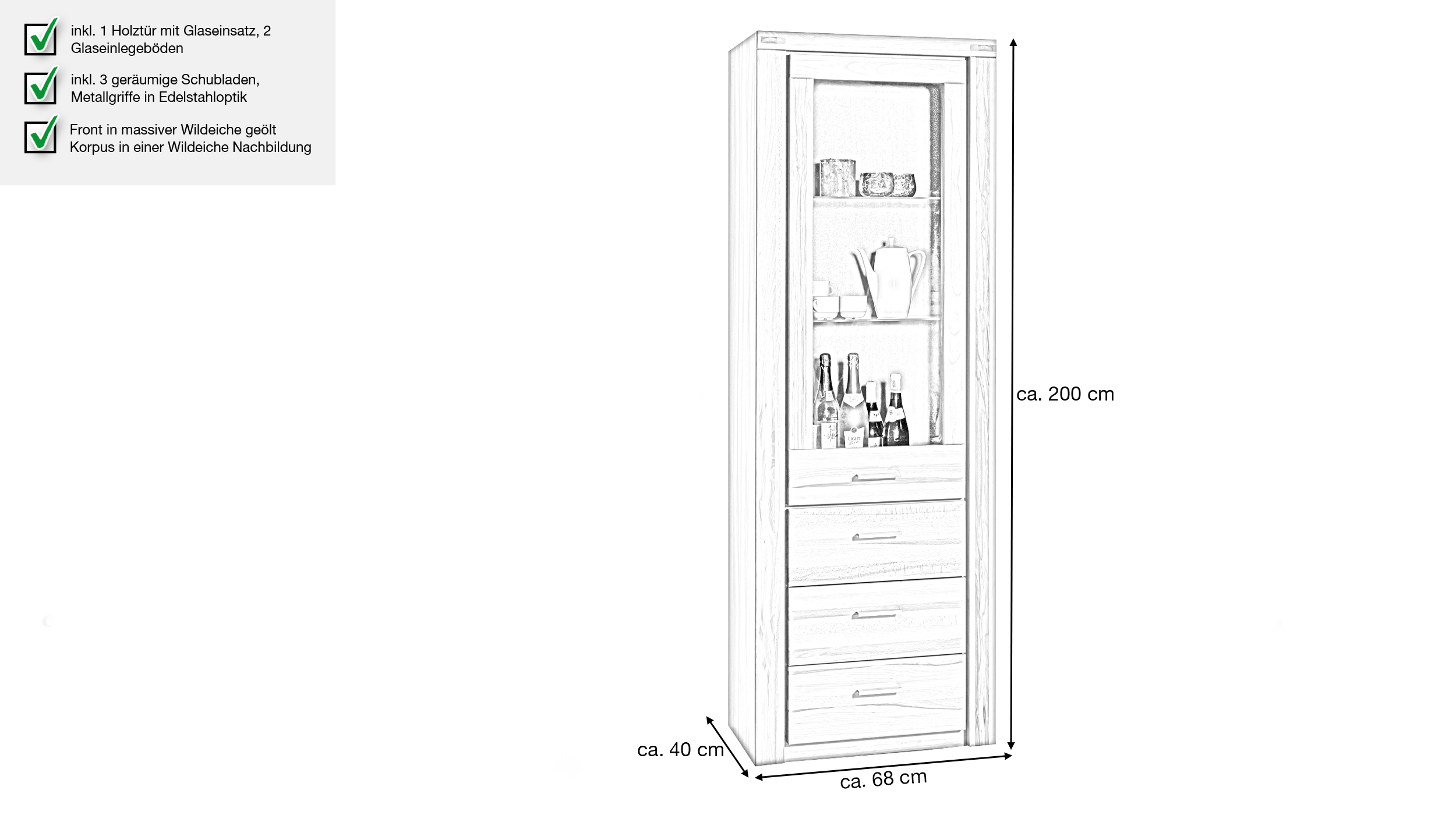Vitrine mit Glastür Kernbuche teilmassiv geölt Breite 68 cm - FREYJA