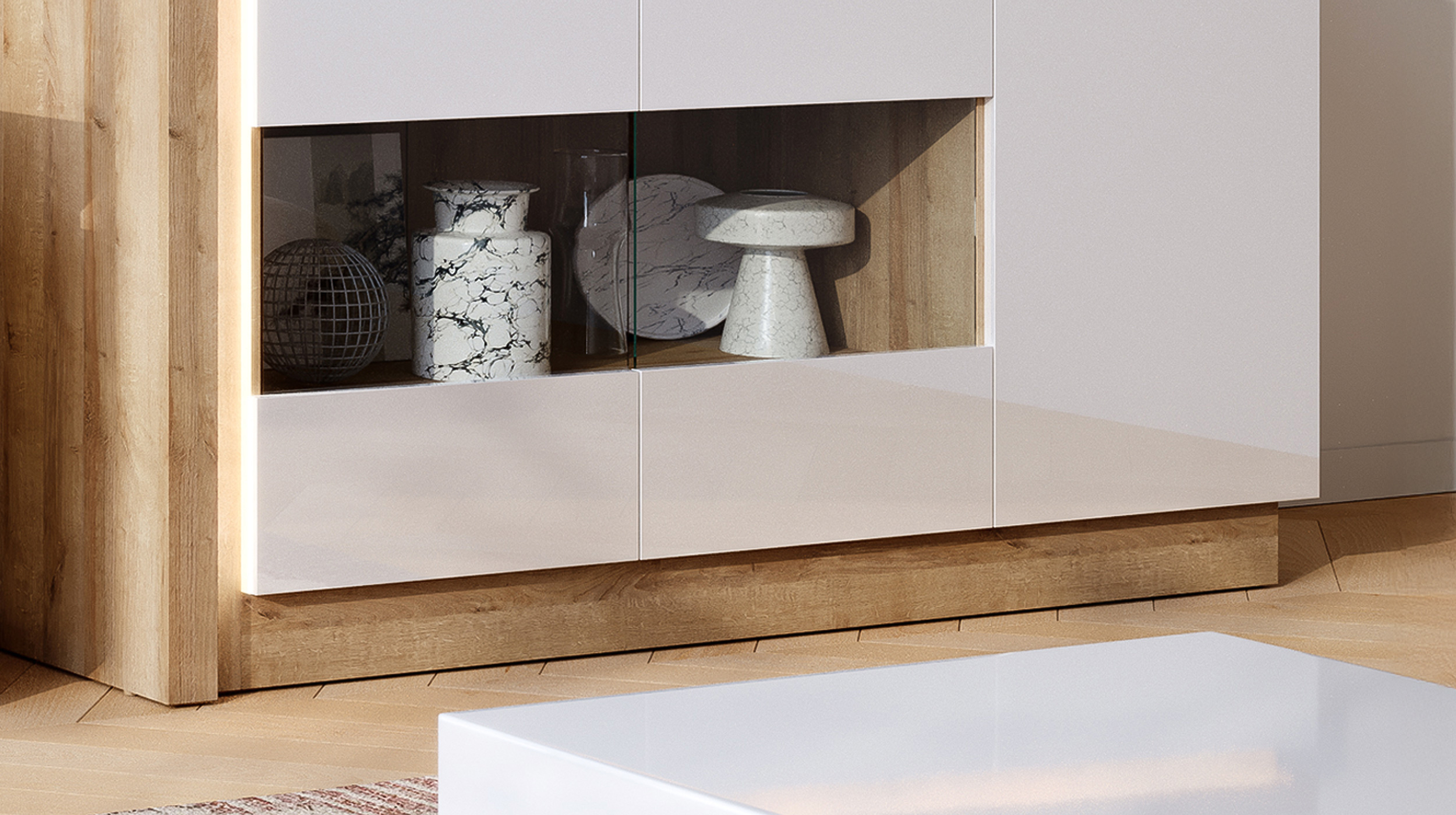 Sideboard mit Glastüren weiß Hochglanz - Eiche 158 cm - LYON