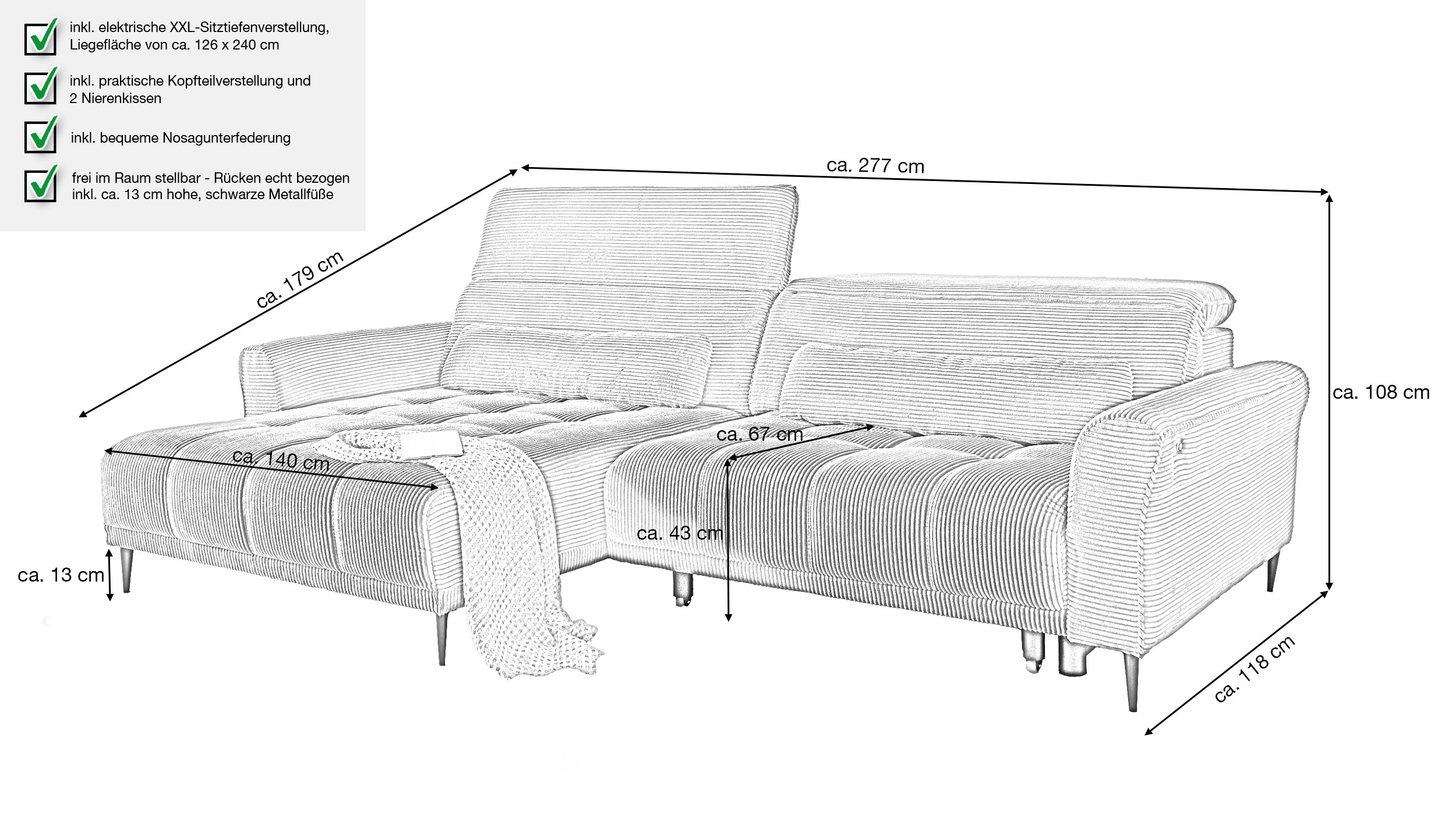 Ecksofa Cordbezug grau 277 x 179 cm - LOGAN