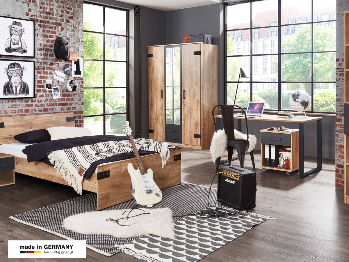 Kleiderschrank mit Spiegel Plankeneiche - graphit - 135 cm LIVERPOOL Kleiderschrank mit Spiegel Plankeneiche - graphit - 135 cm LIVERPOOL