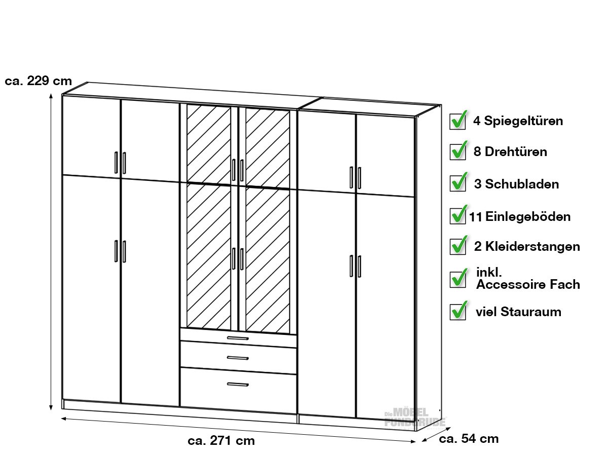 Kleiderschrank mit Spiegel - weiß - 271 cm - rauch - HILDESHEIM