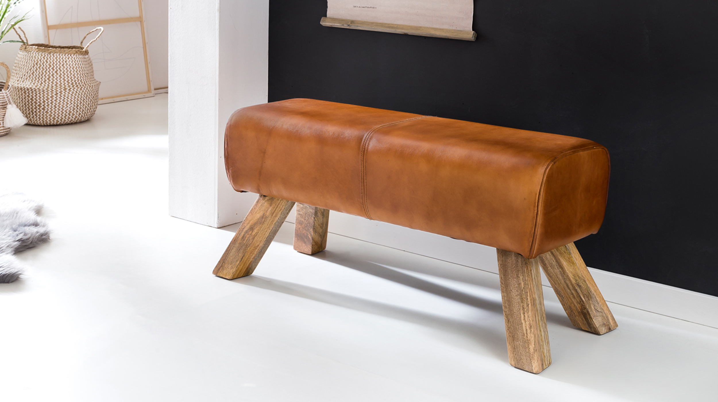 Sitzbank 90 cm echtes Leder Mango massiv lackiert - SORNAS