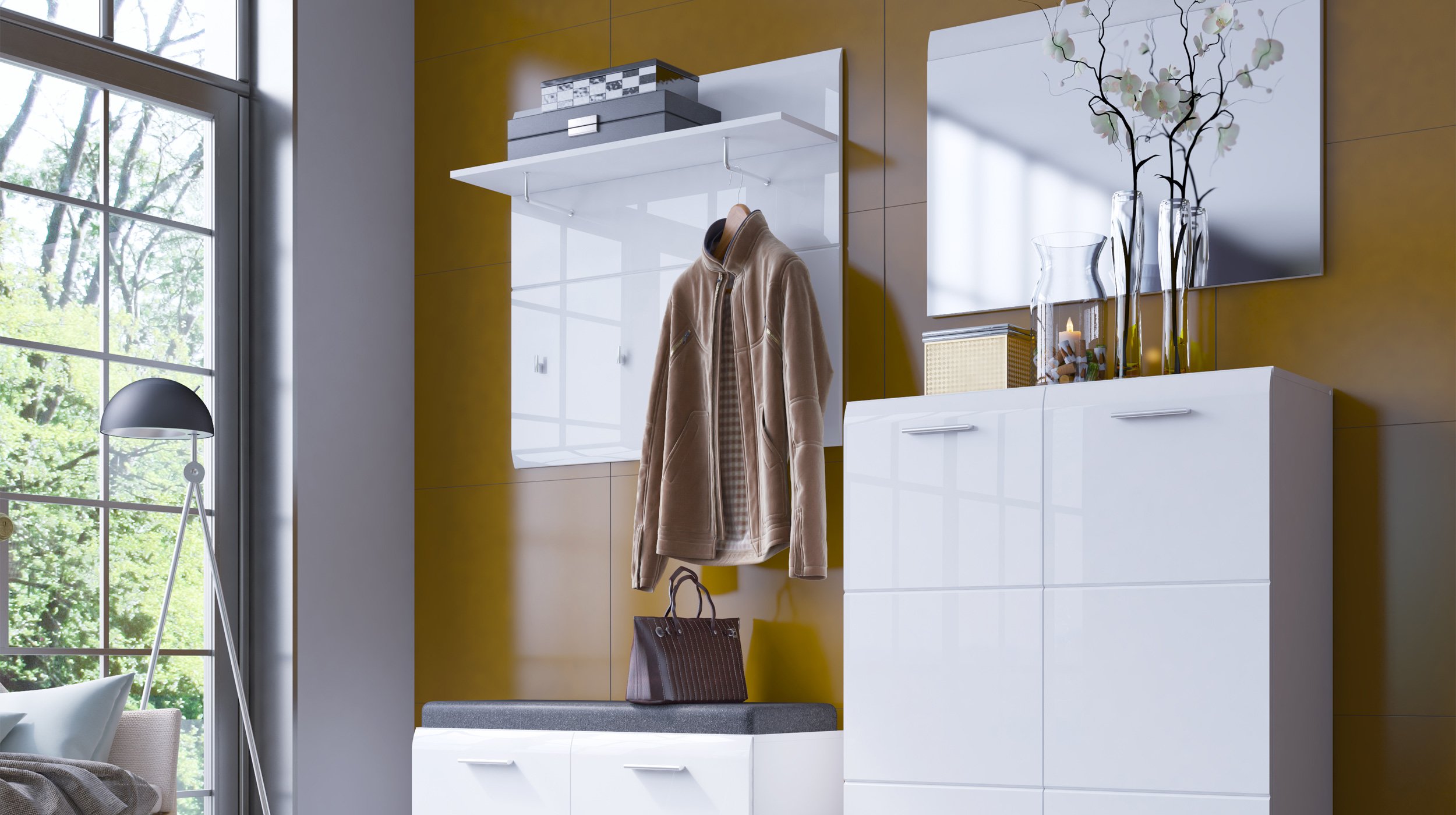 Wandgarderobe Paneel weiß hochglanz 96 cm - MERANO 