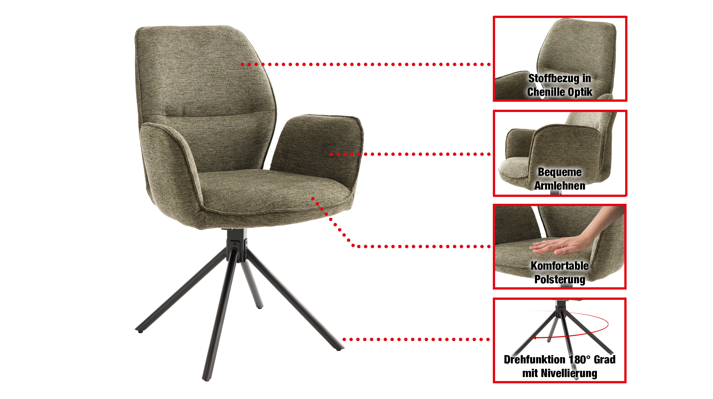 Armlehnstuhl olive Drehstuhl Stoffbezug Chenille Optik - GREYTON