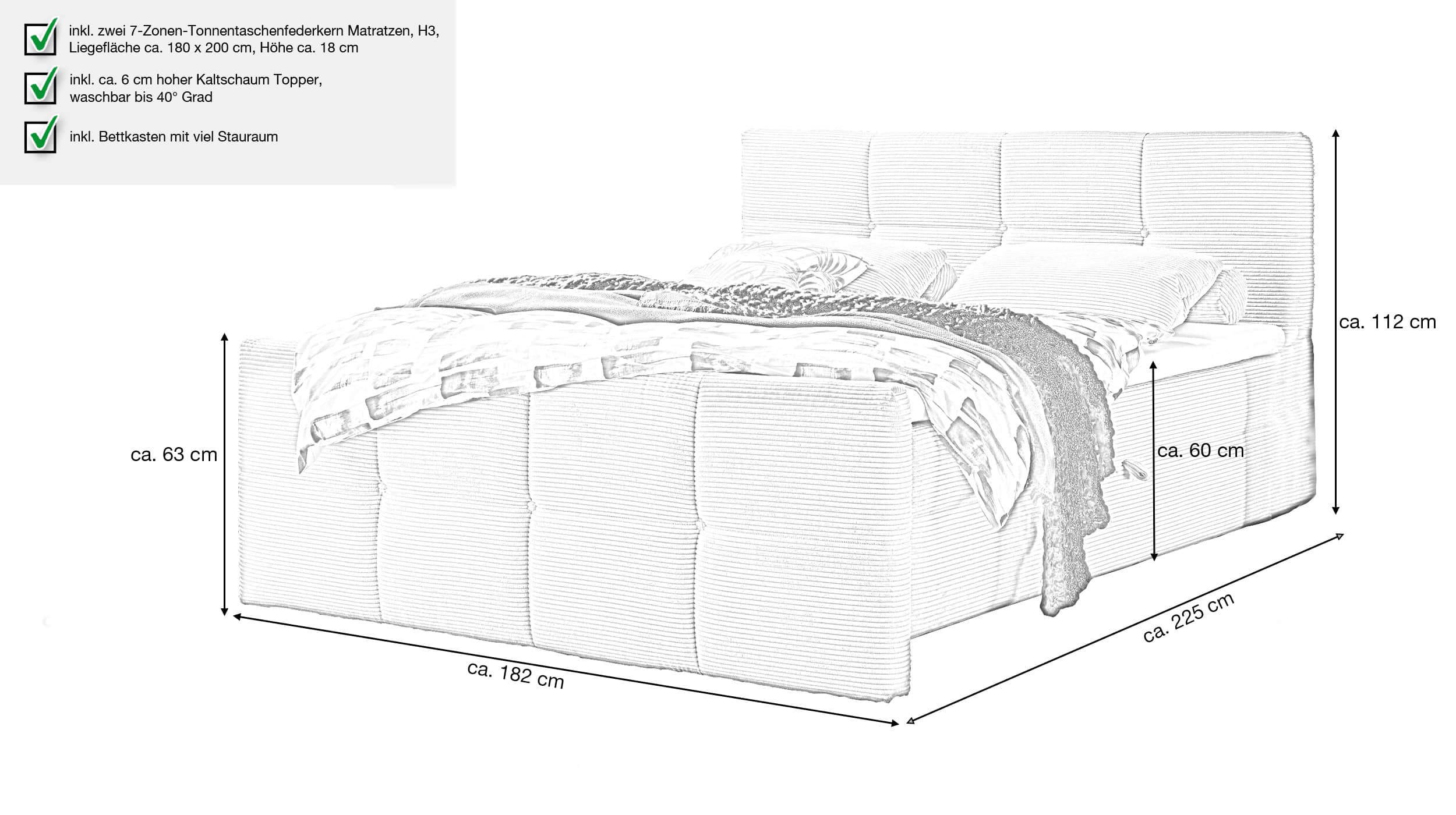 Boxbett 180 x 200 cm Cord grau mit Bettkasten - TIJUANA