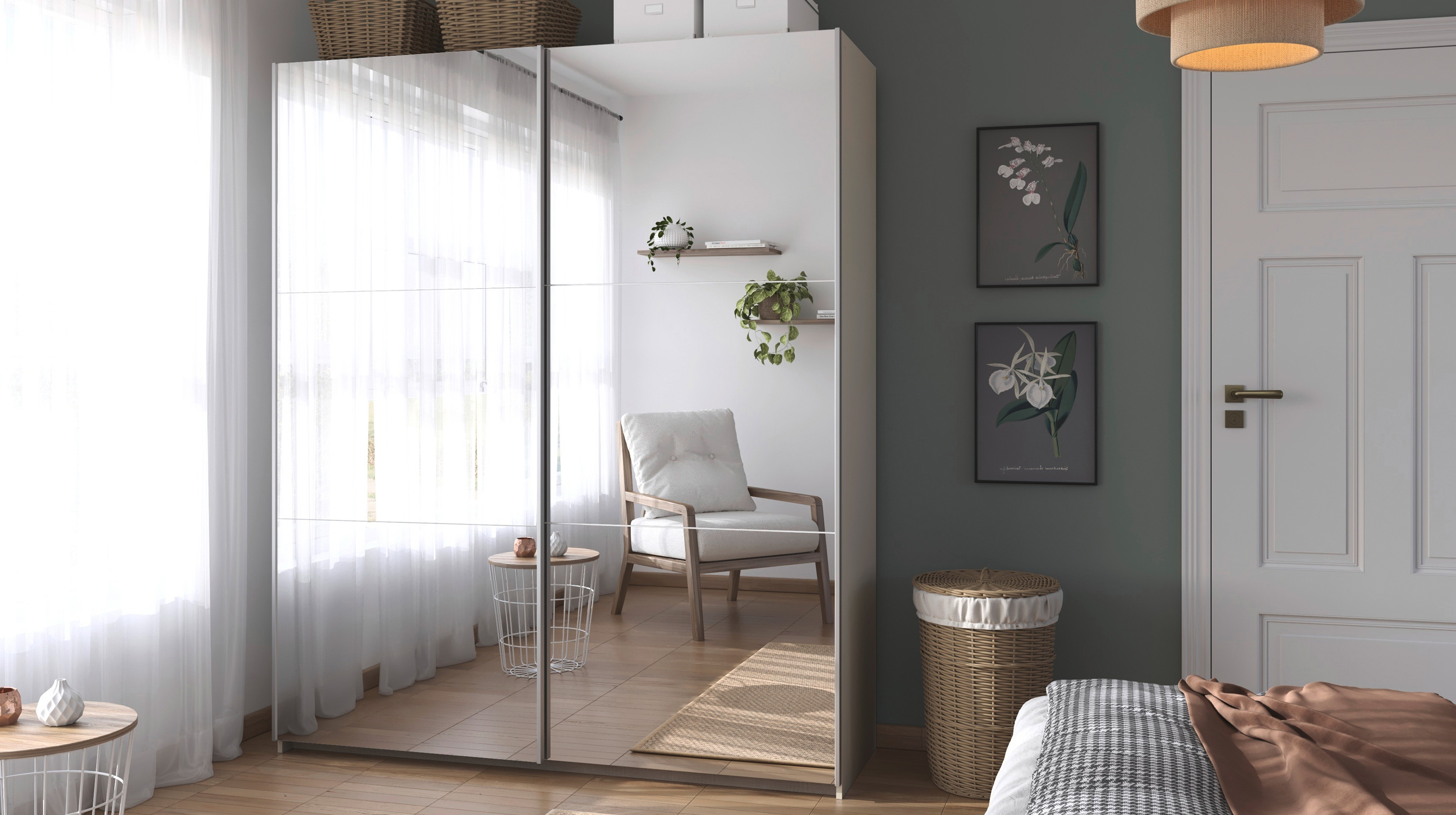 Schwebetürenschrank beige Spiegel 218 cm - 2-türig - rauch - VERO