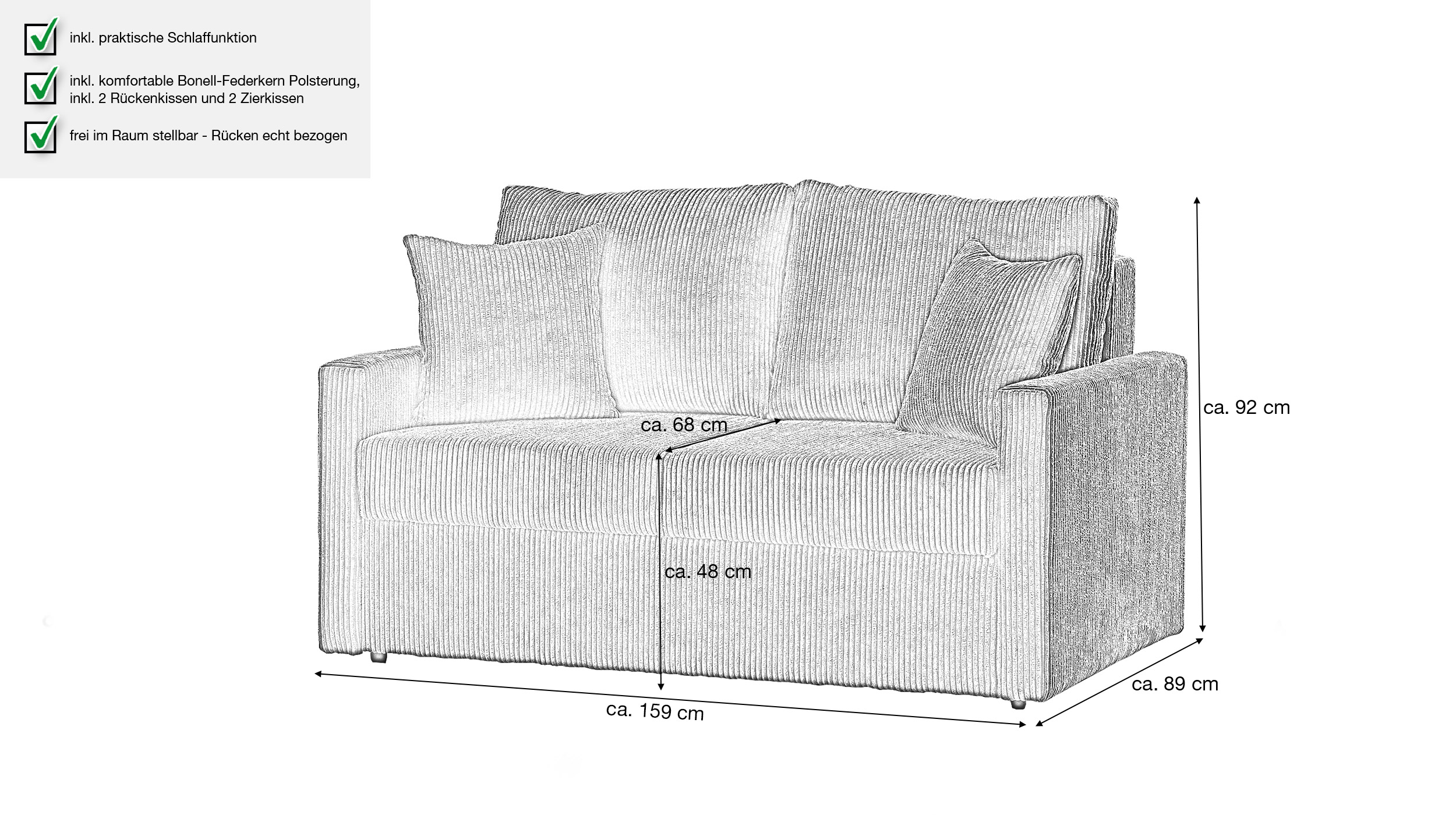 Schlafsofa Cord anthrazit 2-Sitzer 159 cm - BERGAMO