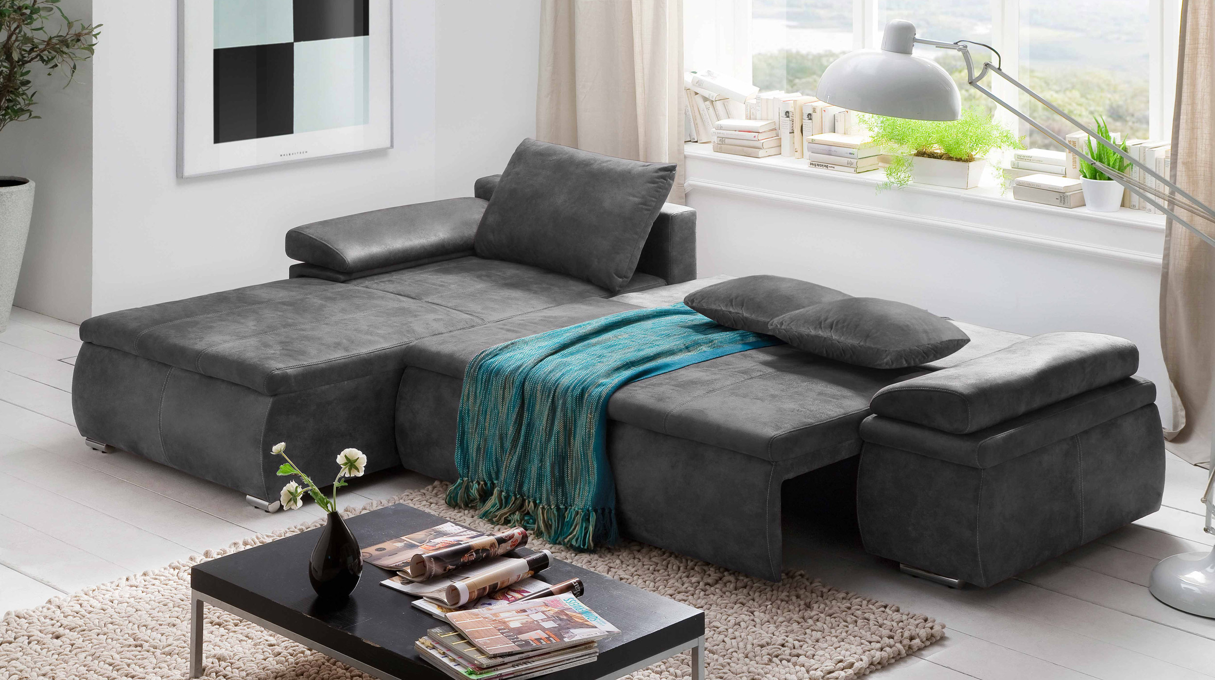 Ecksofa mit Schlaffunktion anthrazit Bettkasten 268 cm - CELINA