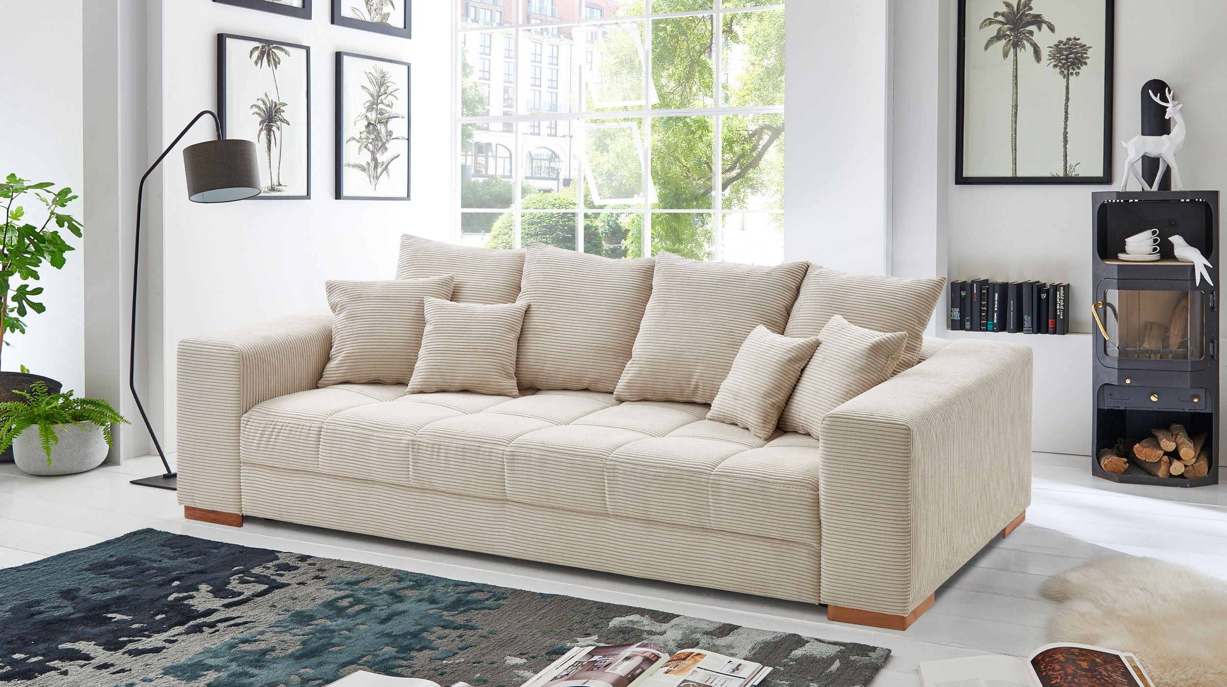 Big Sofa Cord beige - 254 cm - Nosagunterfederung - BORNEO