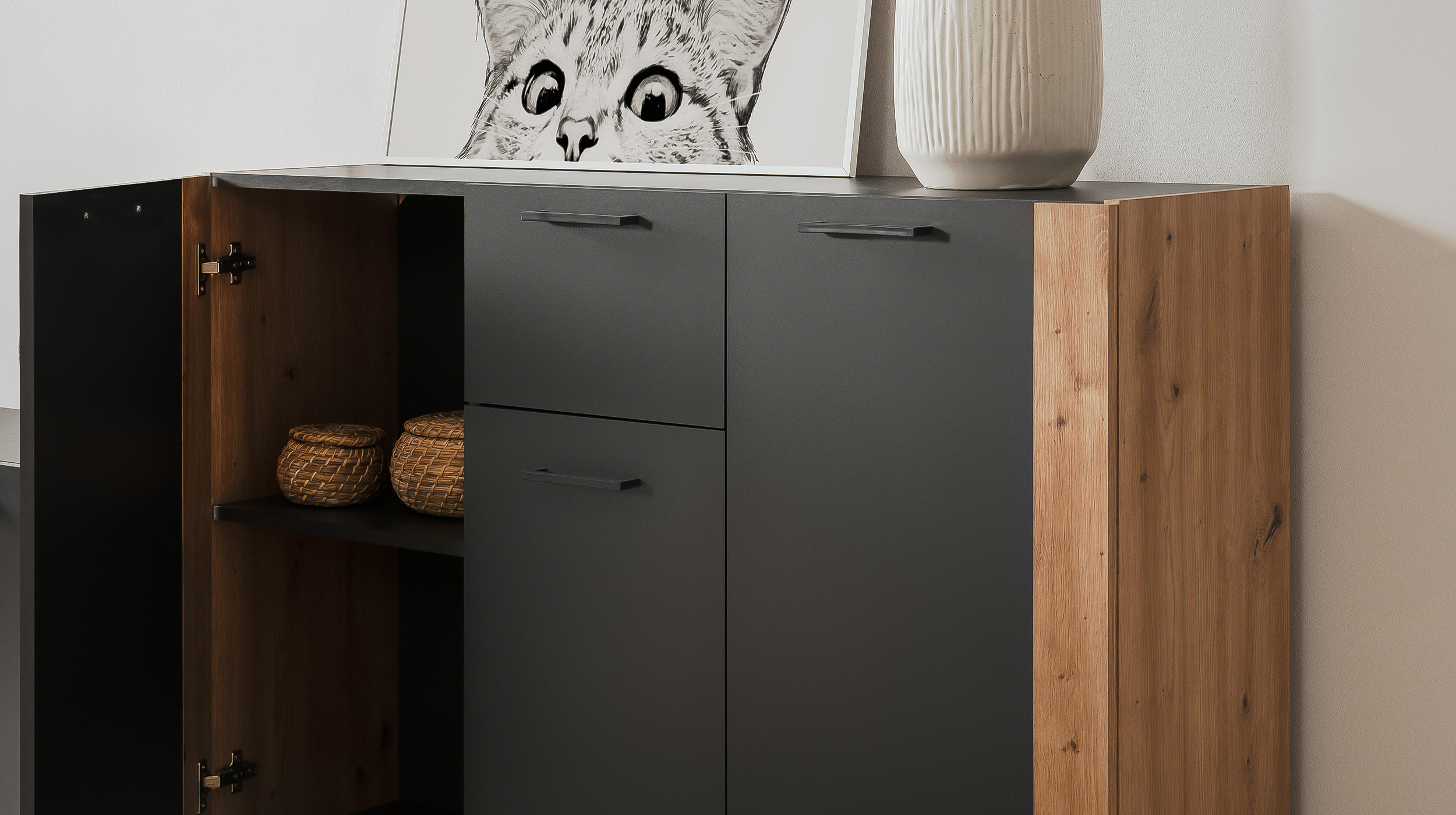 Kommode anthrazit Artisan Eiche 3-türig 125 x 35 cm - CENTO 