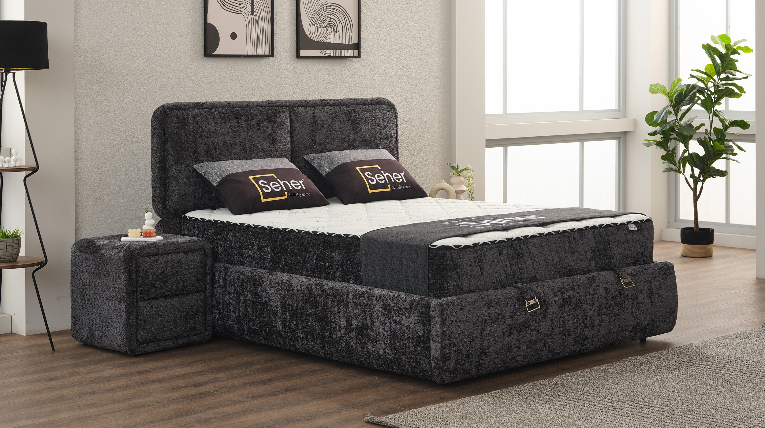Boxbett 180 x 200 cm Chenille anthrazit Bettkasten - RHODOS
