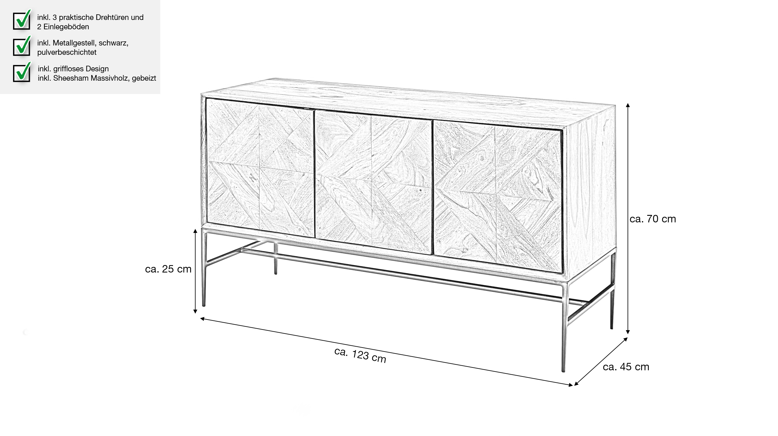 Sideboard Sheesham massiv gebeizt 123 cm - 3-türig - SIGRID