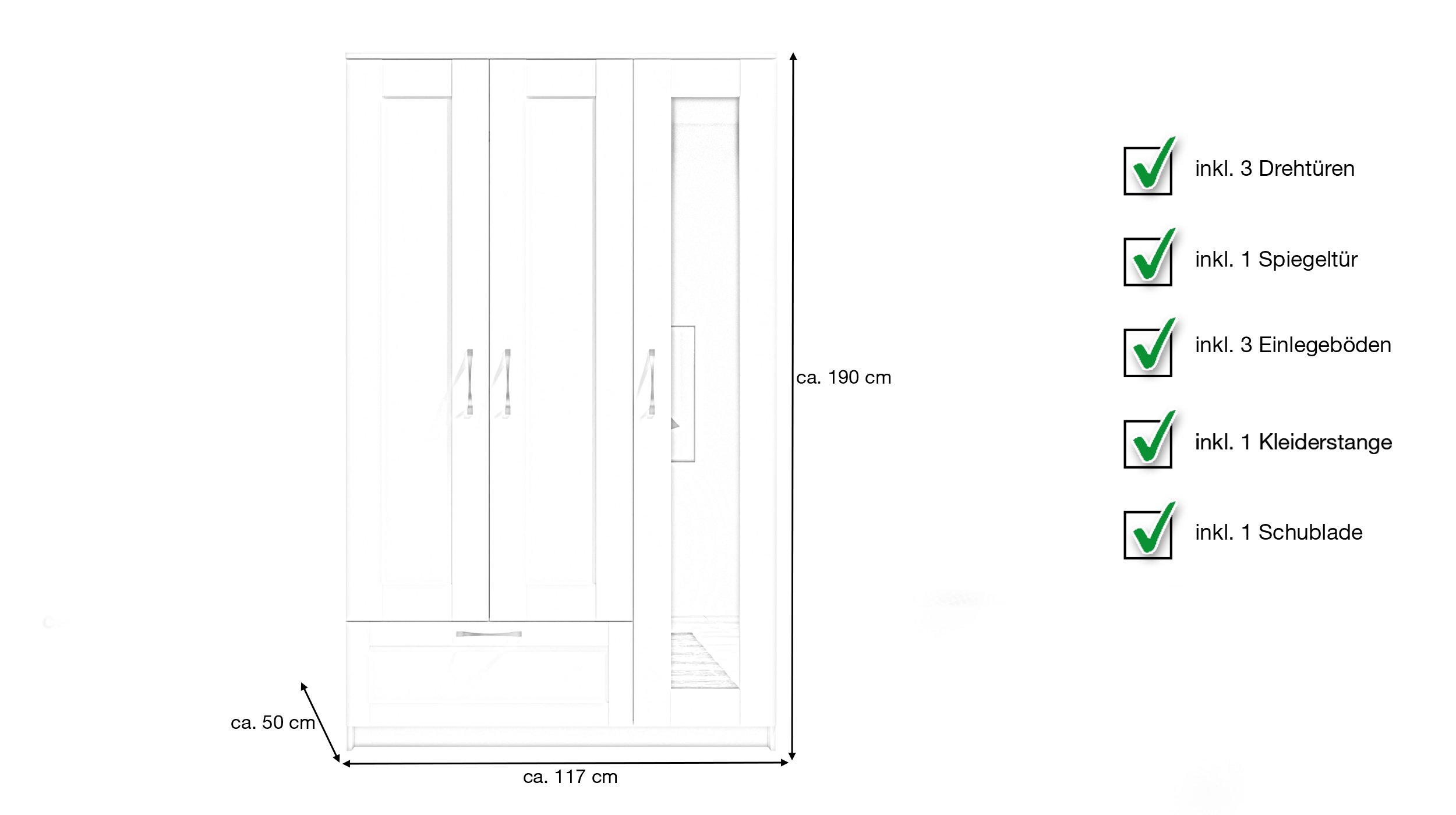Kleiderschrank mit Spiegel - weiß - 117 cm - SALIAS