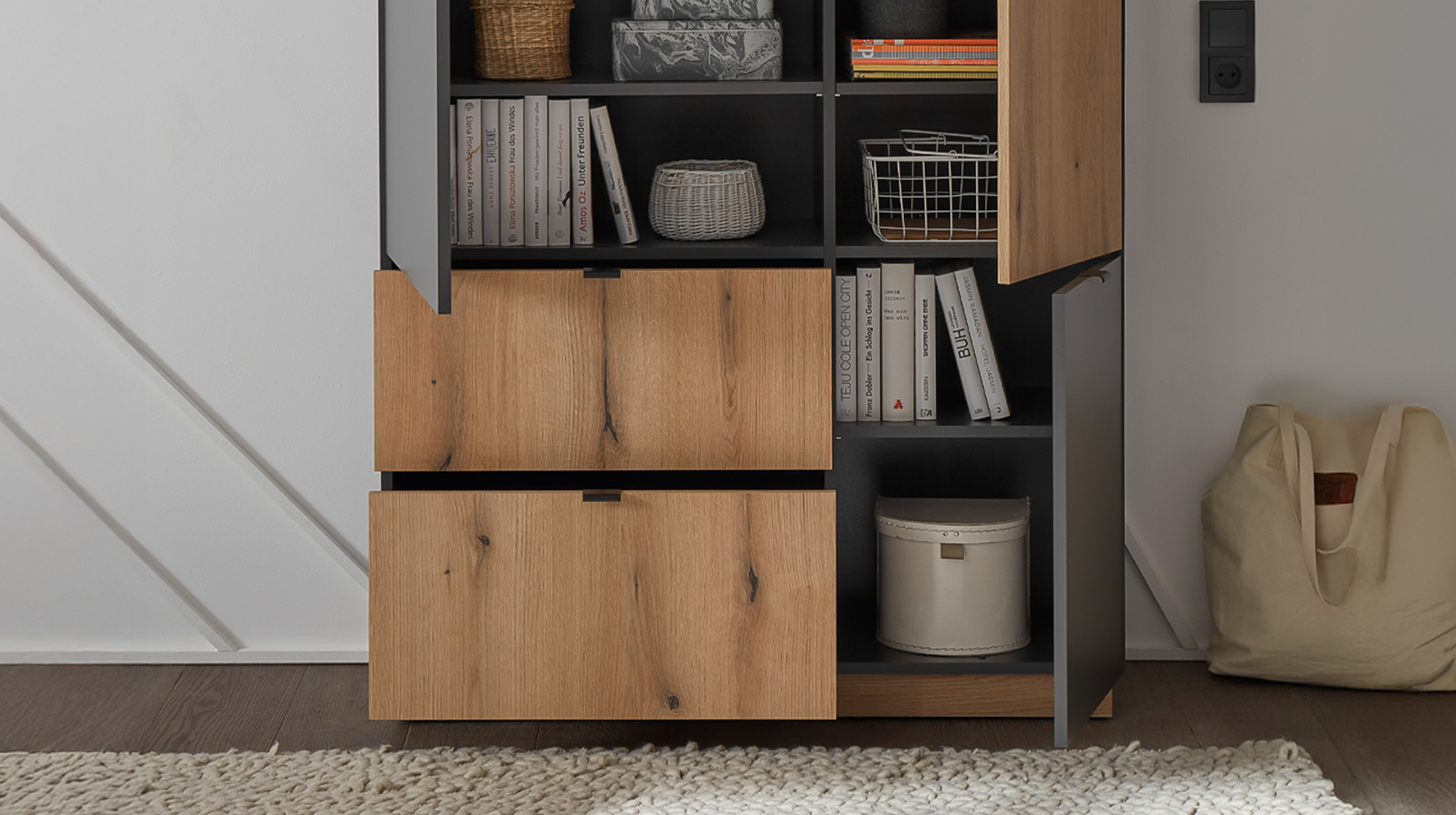 Highboard 3 Türen 2 Schubladen anthrazit - Eiche 103 cm - VINCE