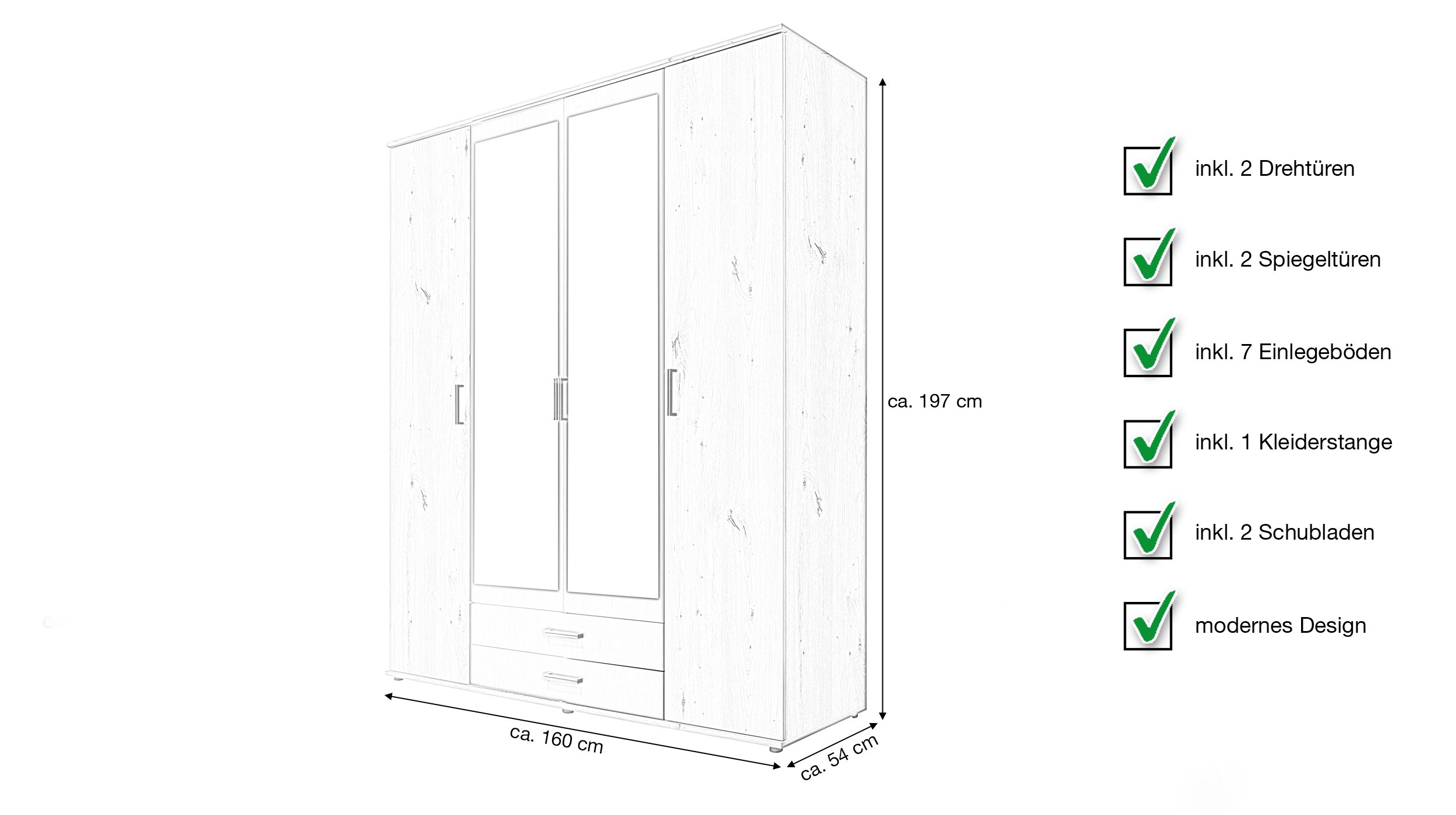 Kleiderschrank mit Spiegel -  Artisan Eiche - anthrazit - 160 cm - CHICAGO