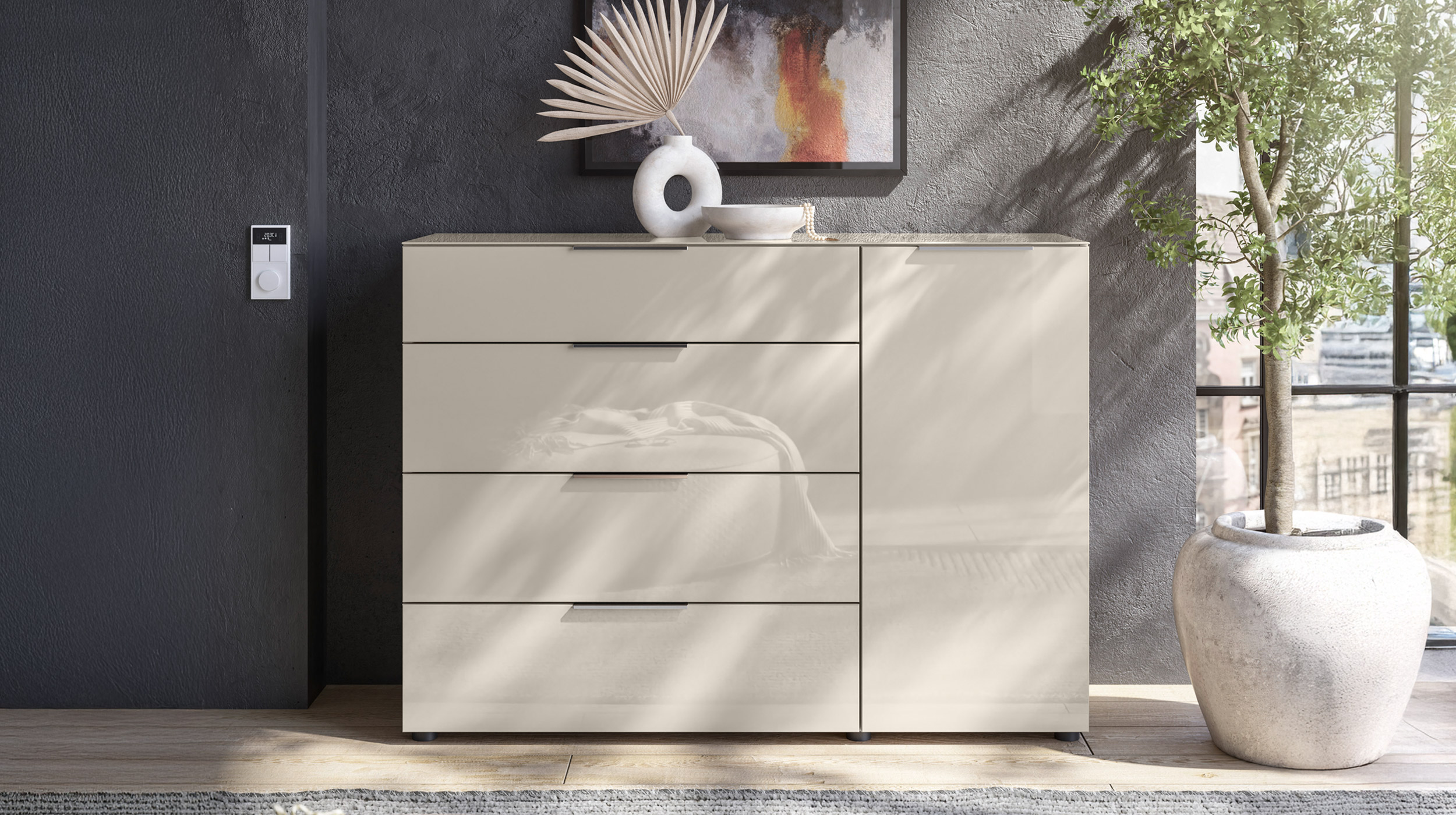 Kommode 4 Schubladen - beige - Glasfront - 135 cm - SANTORIN