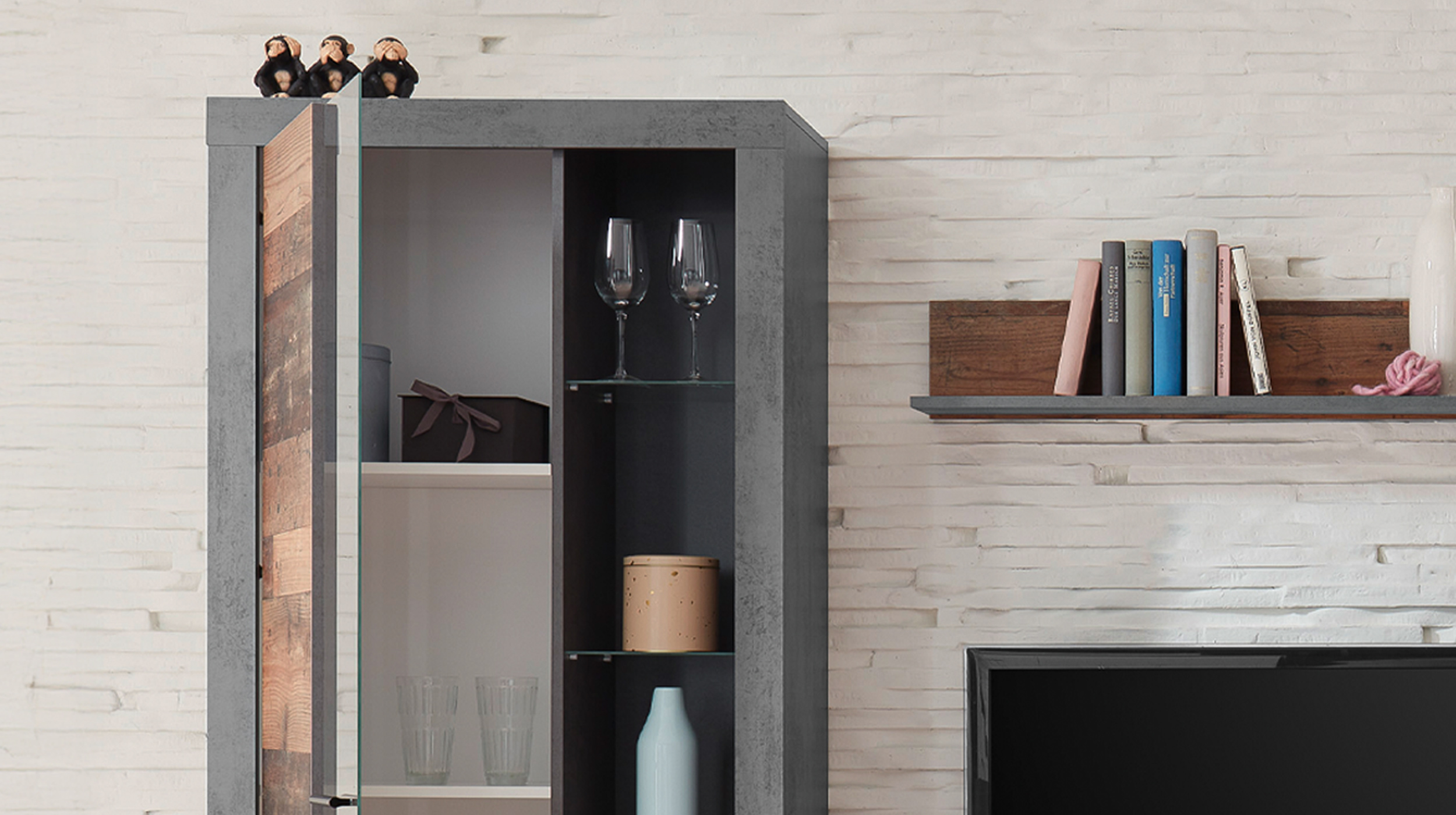 Wohnwand Old Wood - grau 305 cm Anbauwand - FULDA