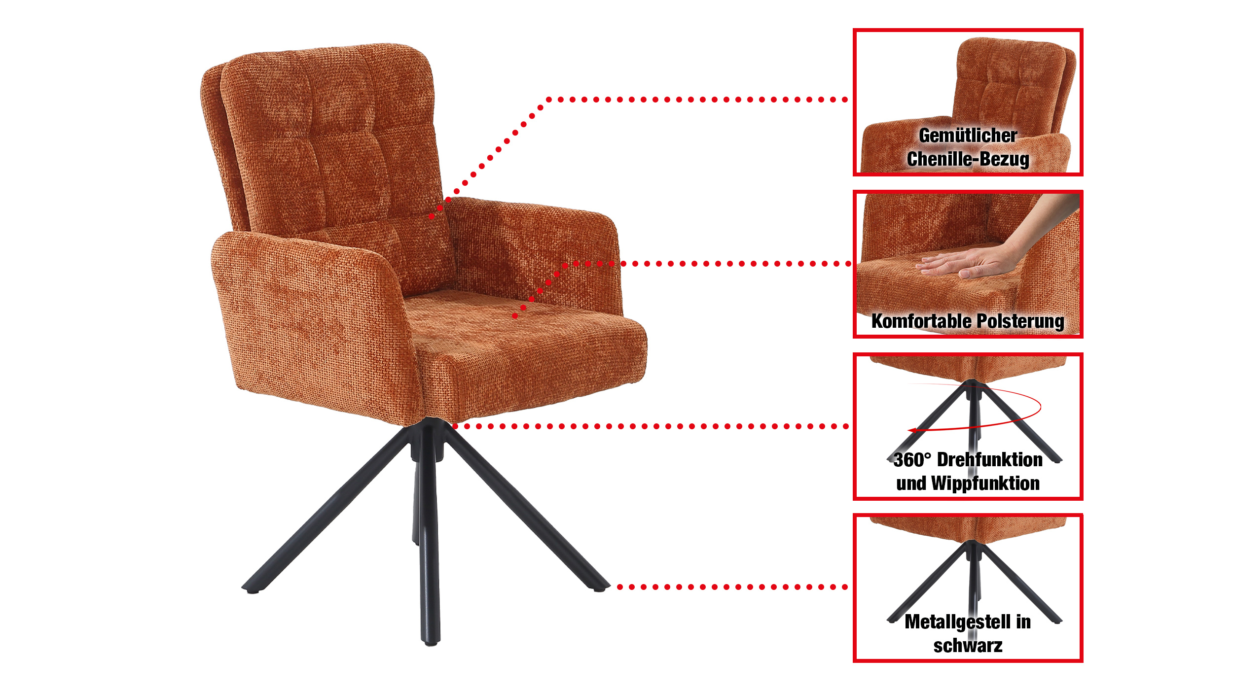 Armlehnstuhl orange Drehstuhl Taschenfederkern Chenille - HEDIA