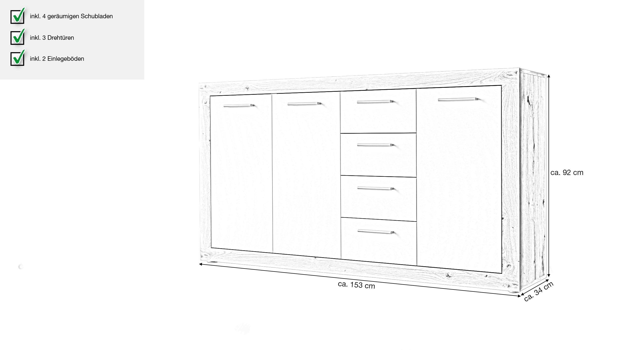 Sideboard Artisan Eiche - weiß 153 cm 3-türig - BACCIO