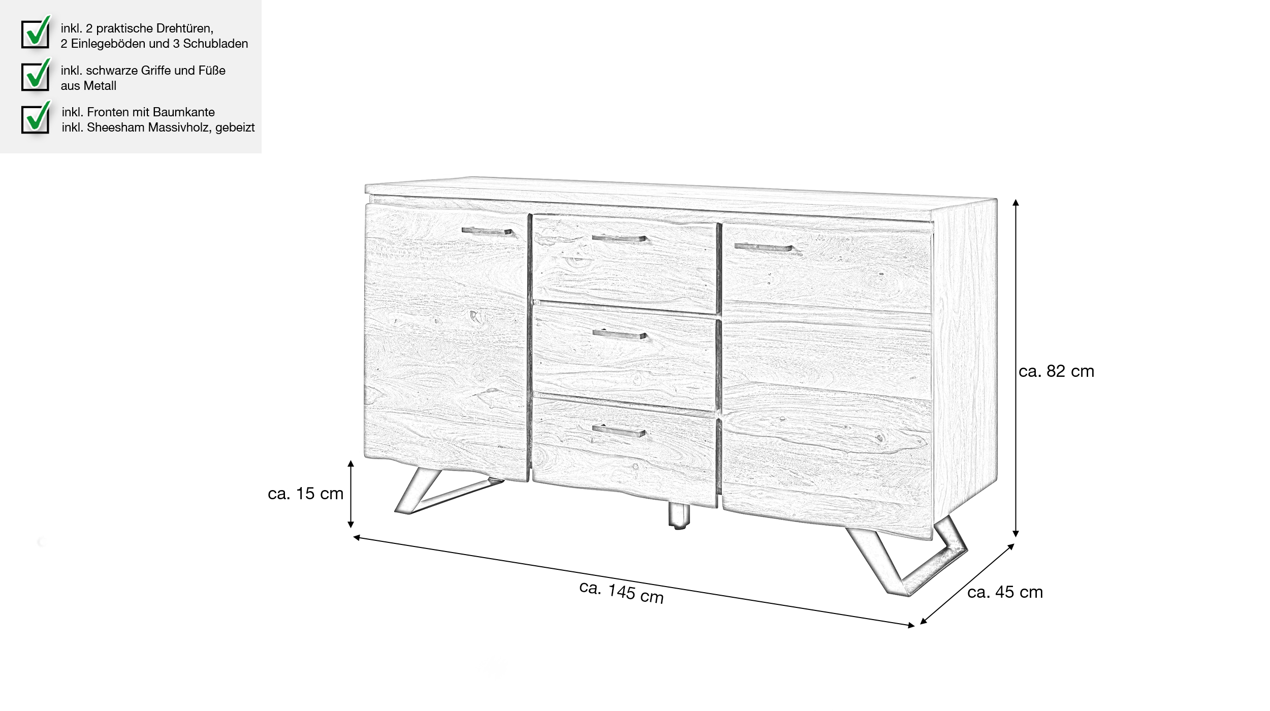 Sideboard mit 3 Schubladen Sheesham massiv gebeizt 145 cm - VINNAN