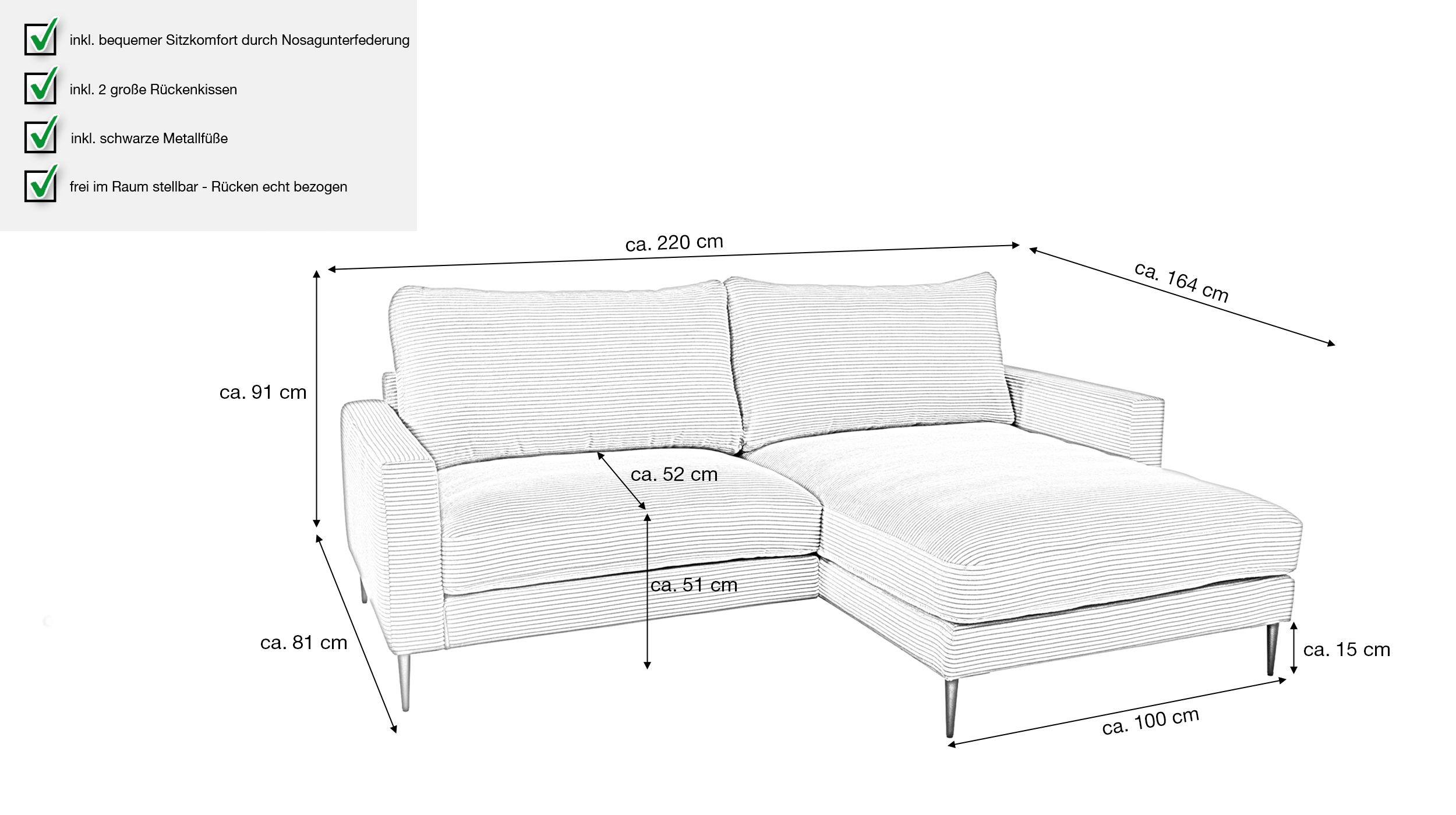 Ecksofa Cord grau 220 x 164 cm - OT rechts - NORDVIK