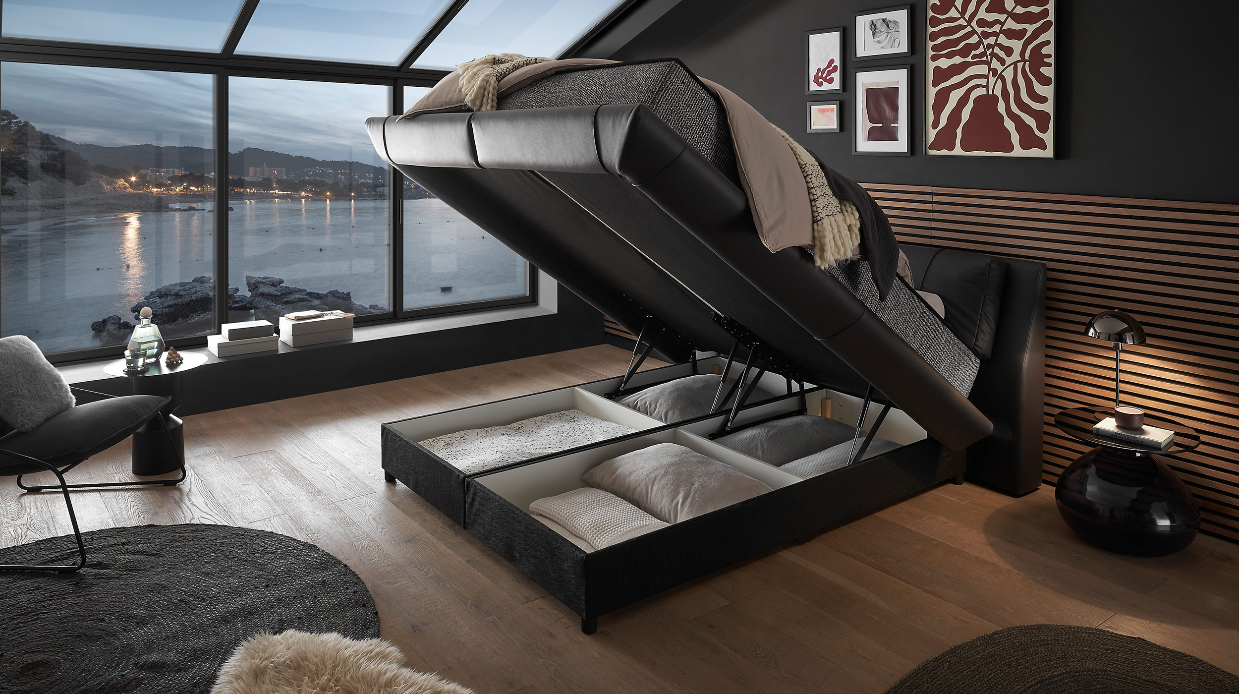 Boxbett 180 x 200 cm schwarz Lederlook mit Bettkasten - MIDNIGHT 