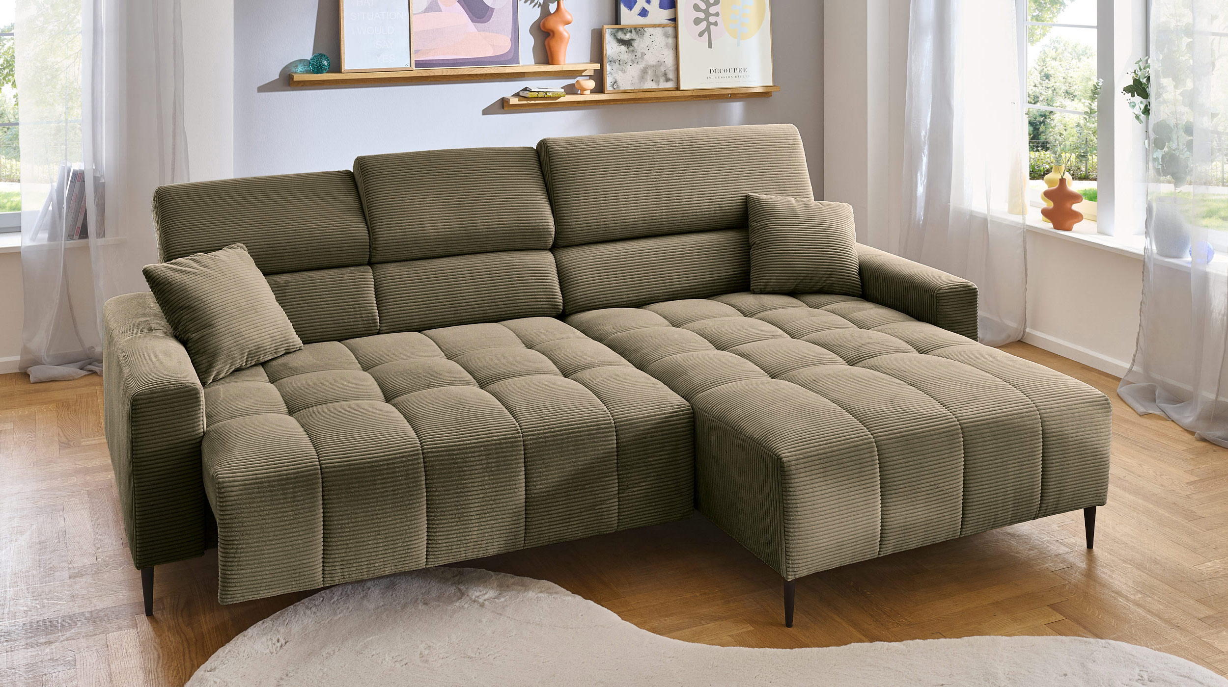 Ecksofa Cord grün ausziehbar - Sitztiefenverstellung 256 cm - OT rechts - SIMPLE Ecksofa Cord grün ausziehbar - Sitztiefenverstellung 256 cm - OT rechts - SIMPLE