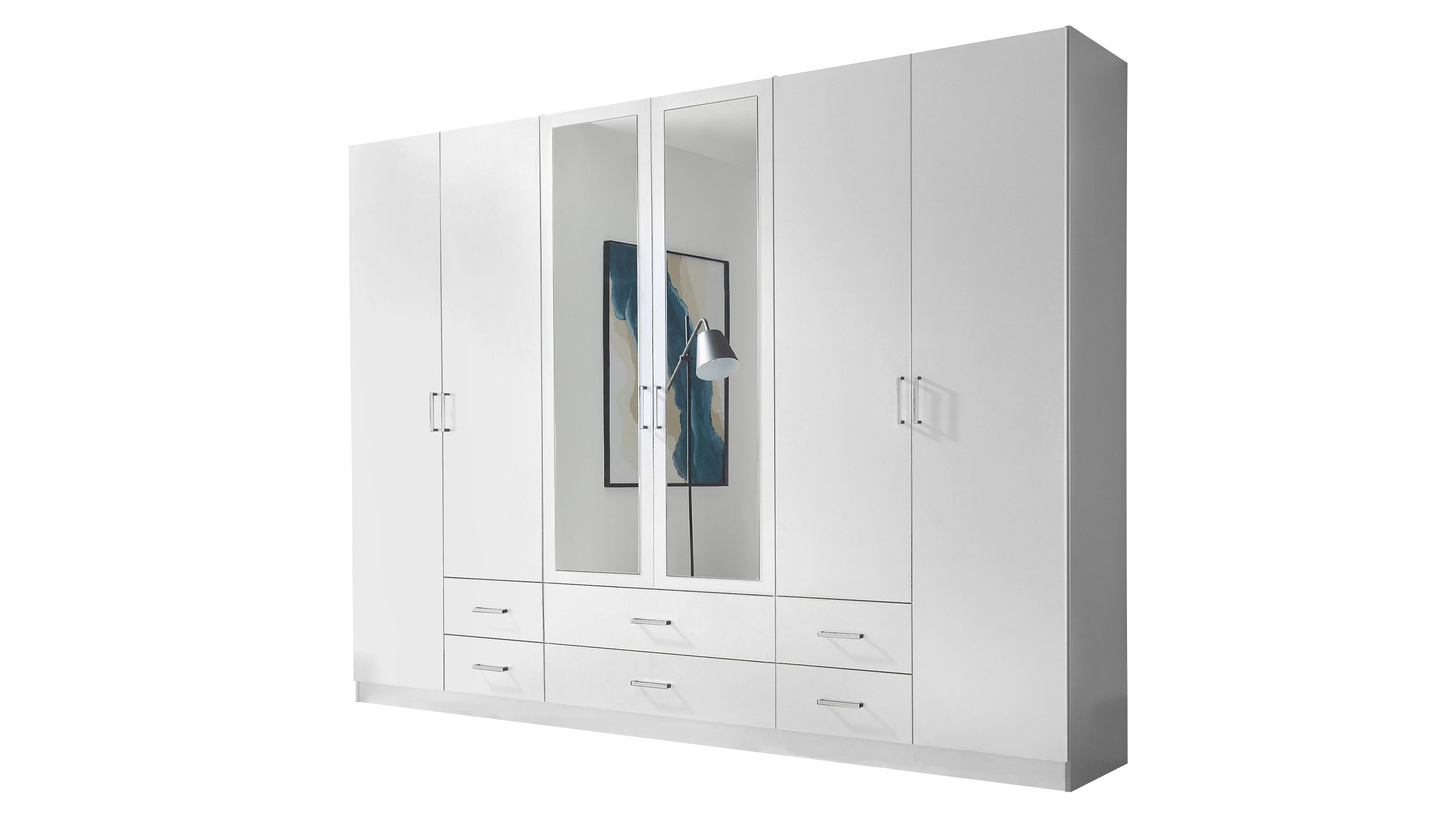Kleiderschrank weiß mit Spiegel - 271 cm - 6-türig - ELVA