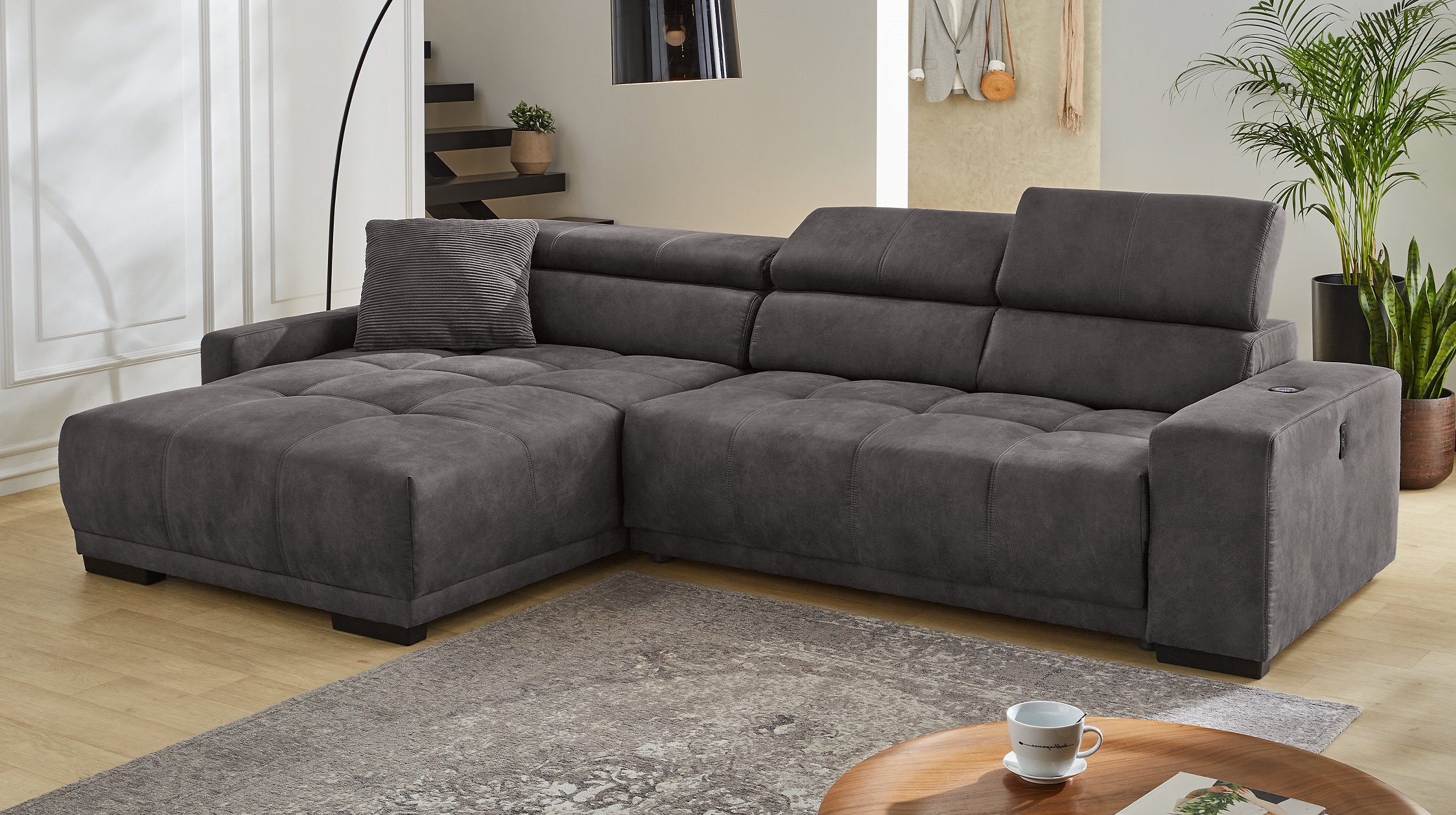 Ecksofa grau 315 cm mit Sitztiefenverstellung - LE MANS