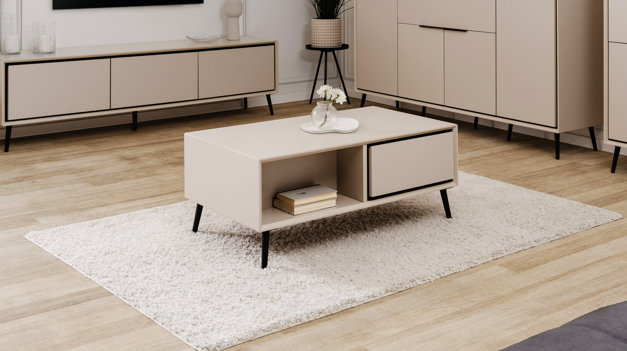 Couchtisch mit 2 Schubladen beige schwarz 94 x 55 cm - ARONA