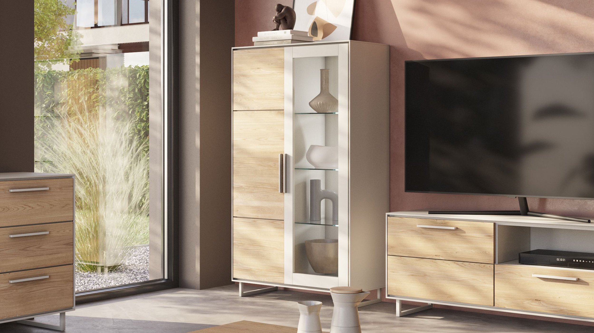 Vitrine mit Glastür Eiche teilmassiv geölt Breite 102 cm - KAI 