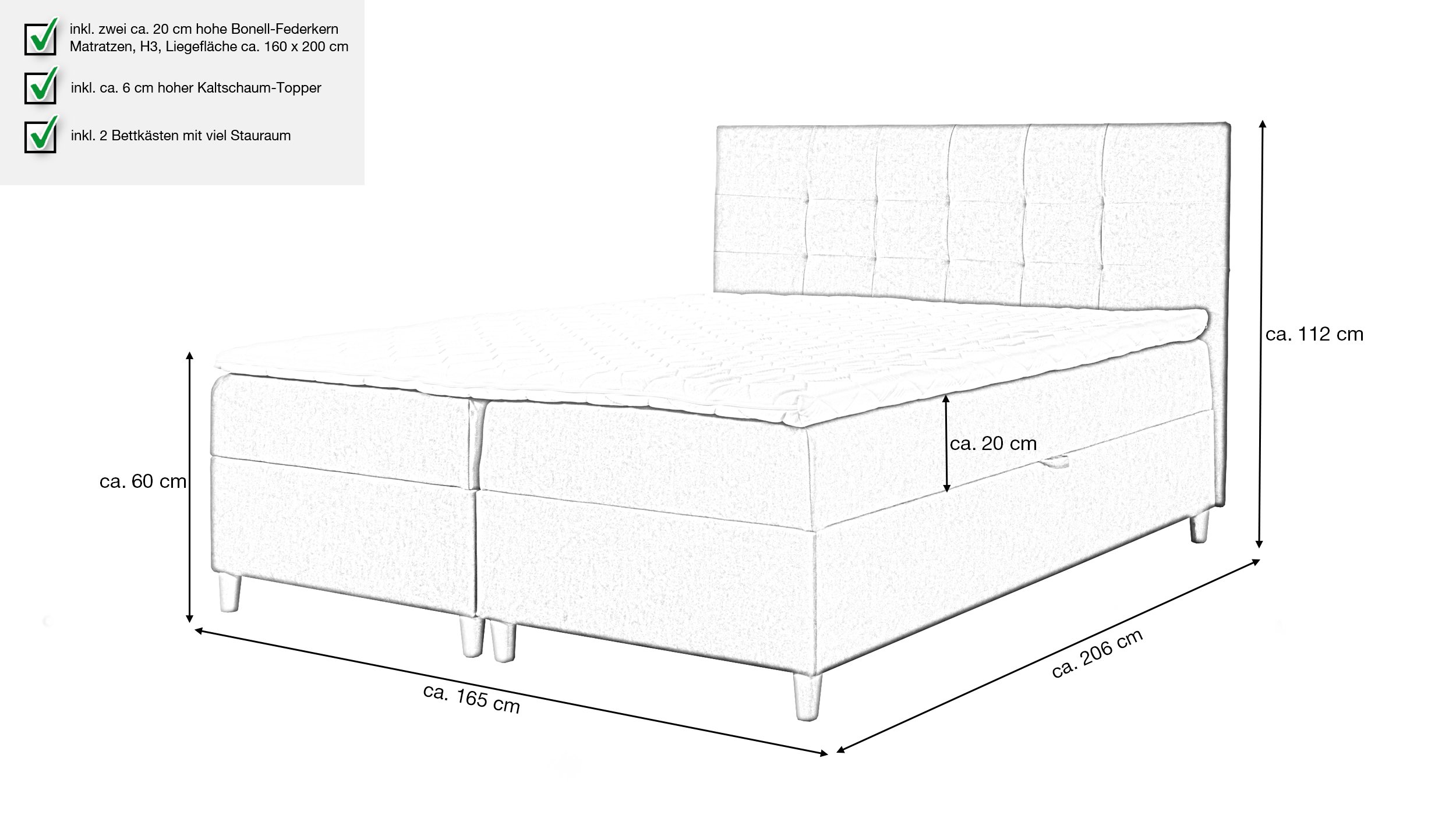 Boxbett 160 x 200 cm anthrazit Bettkasten - ADORA Boxbett 160 x 200 cm anthrazit Bettkasten - ADORA