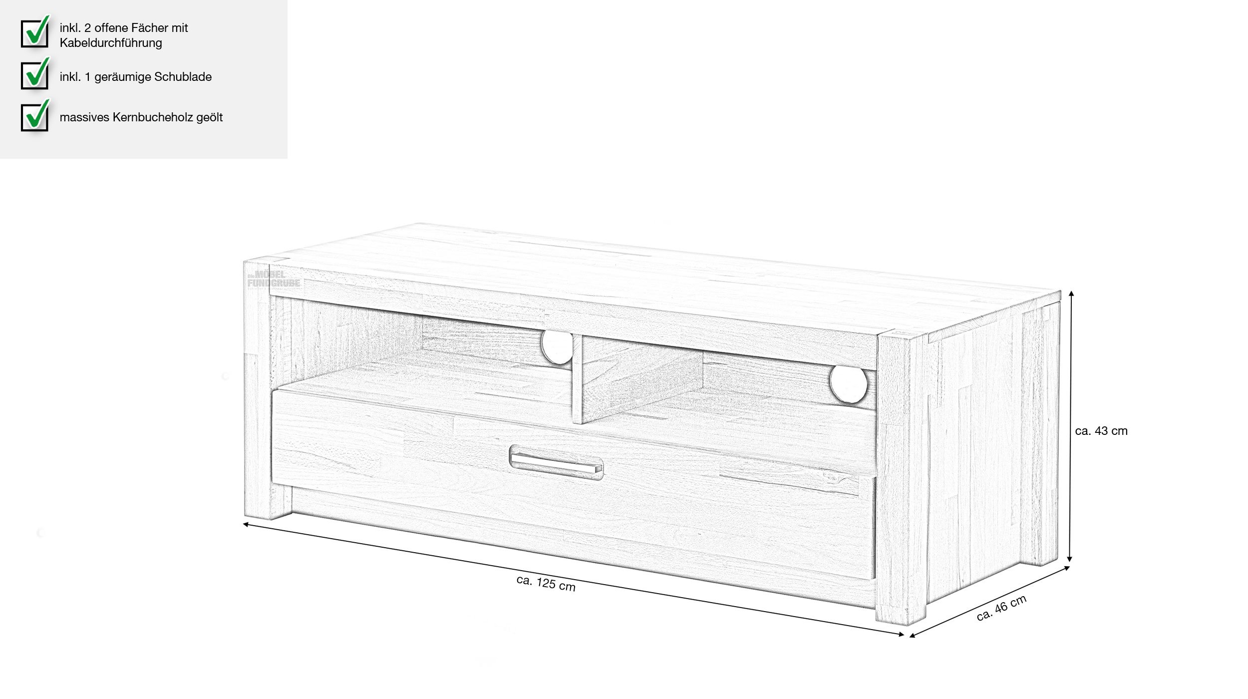 TV - Lowboard Kernbuche massiv geölt 125 cm - FENJA 