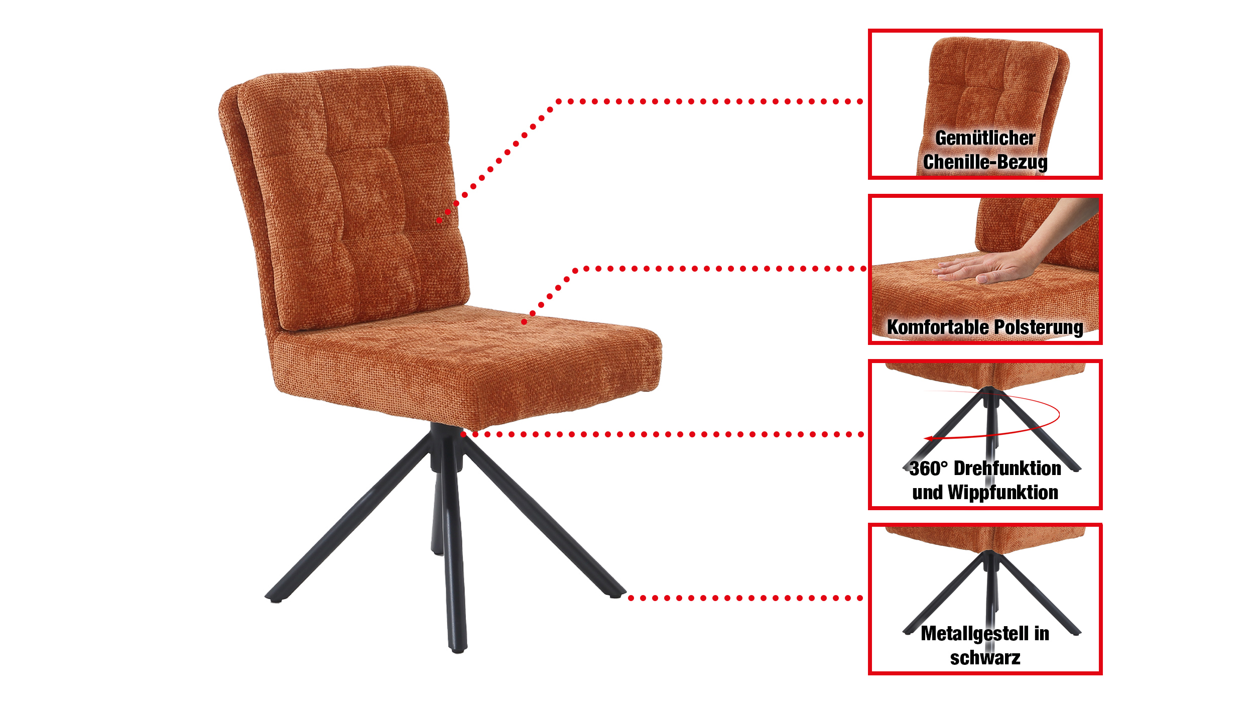 Polsterstuhl orange Drehstuhl Taschenfederkern Chenille - HEDIA