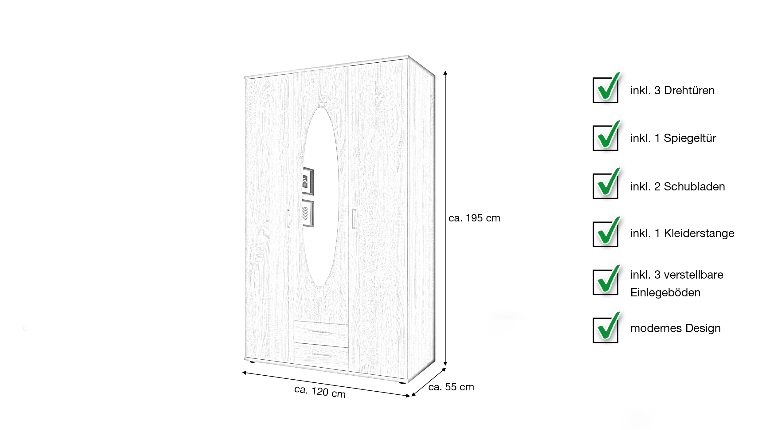 Kleiderschrank mit Spiegel 120 cm Sonoma Eiche - 3-türig - PAUL
