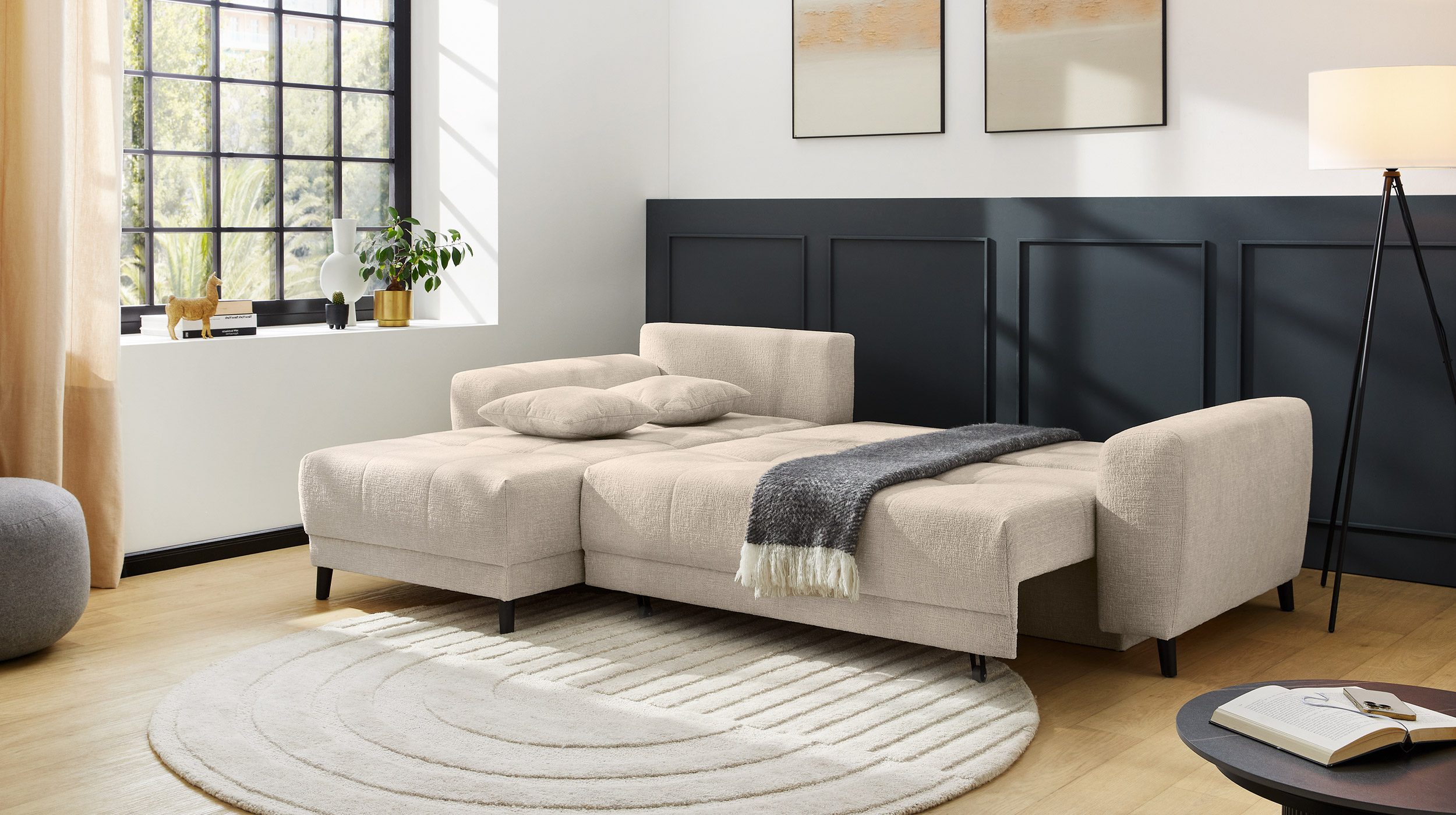 Ecksofa mit Schlaffunktion beige 251 x 172 cm - Bettkasten - BEVERLY 
