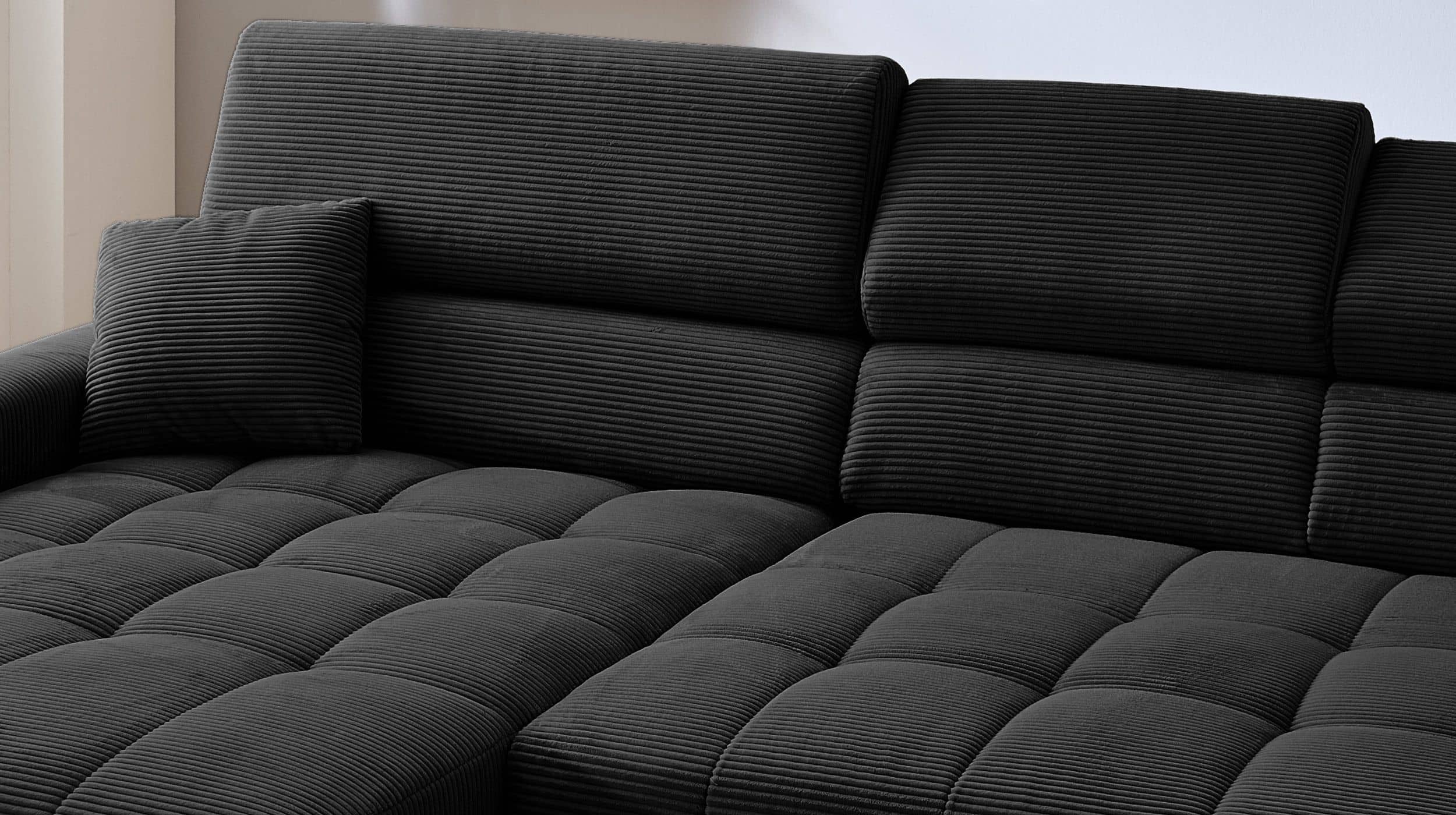 Ecksofa Cord schwarz - 256 x 180 cm - Sitztiefenverstellung - SIMPLE