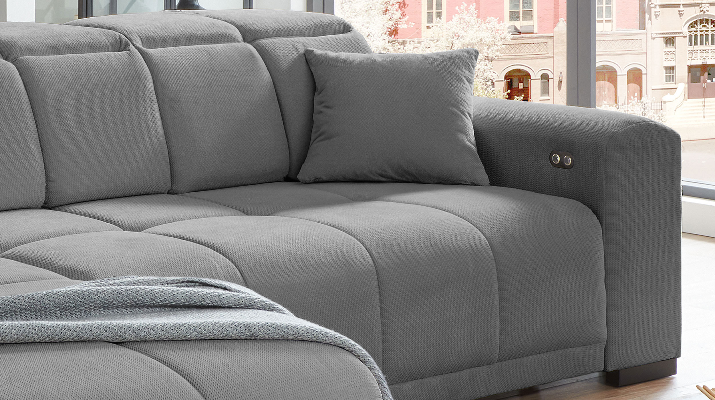 Ecksofa grau 301 x 195 cm - Sitztiefenverstellung - MASTER