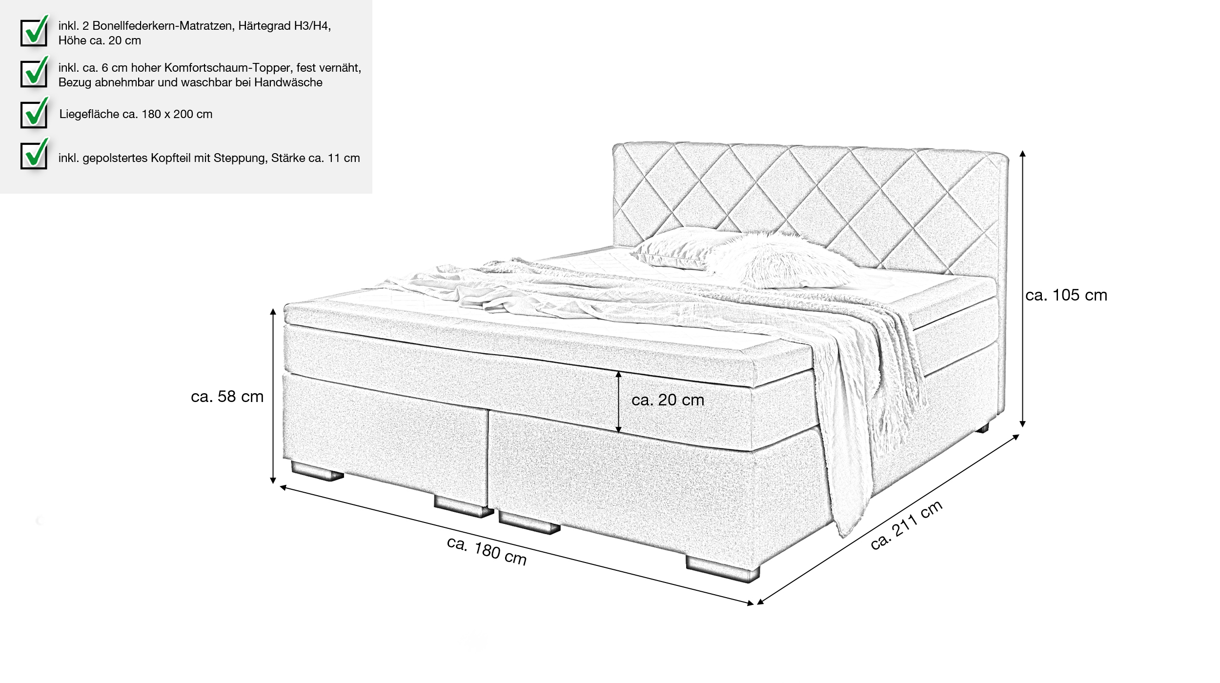 Boxspringbett 180 x 200 cm Stoffbezug grau - INNSBRUCK