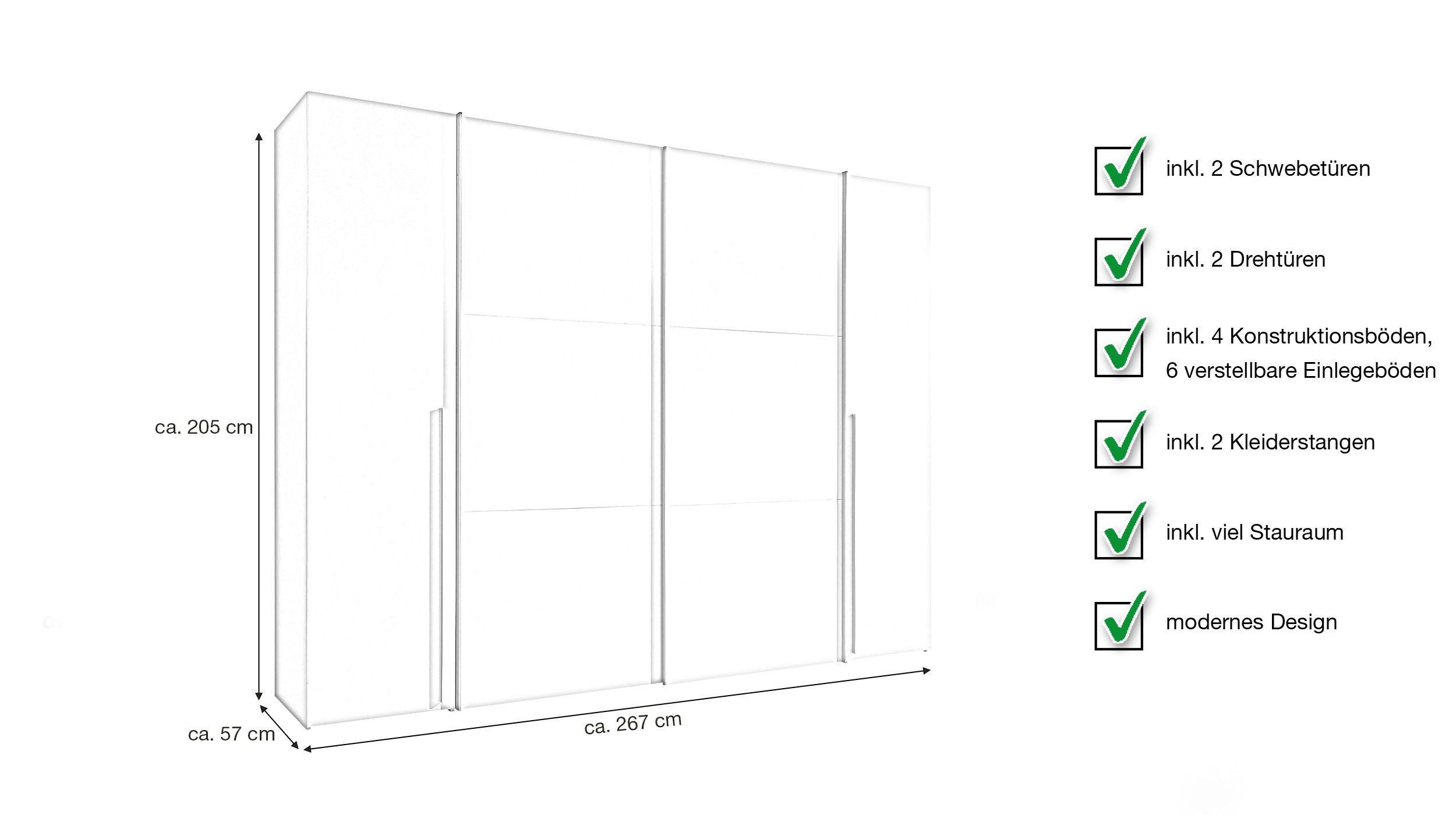 Kleiderschrank weiß - 267 cm - Schwebetüren - MATURS