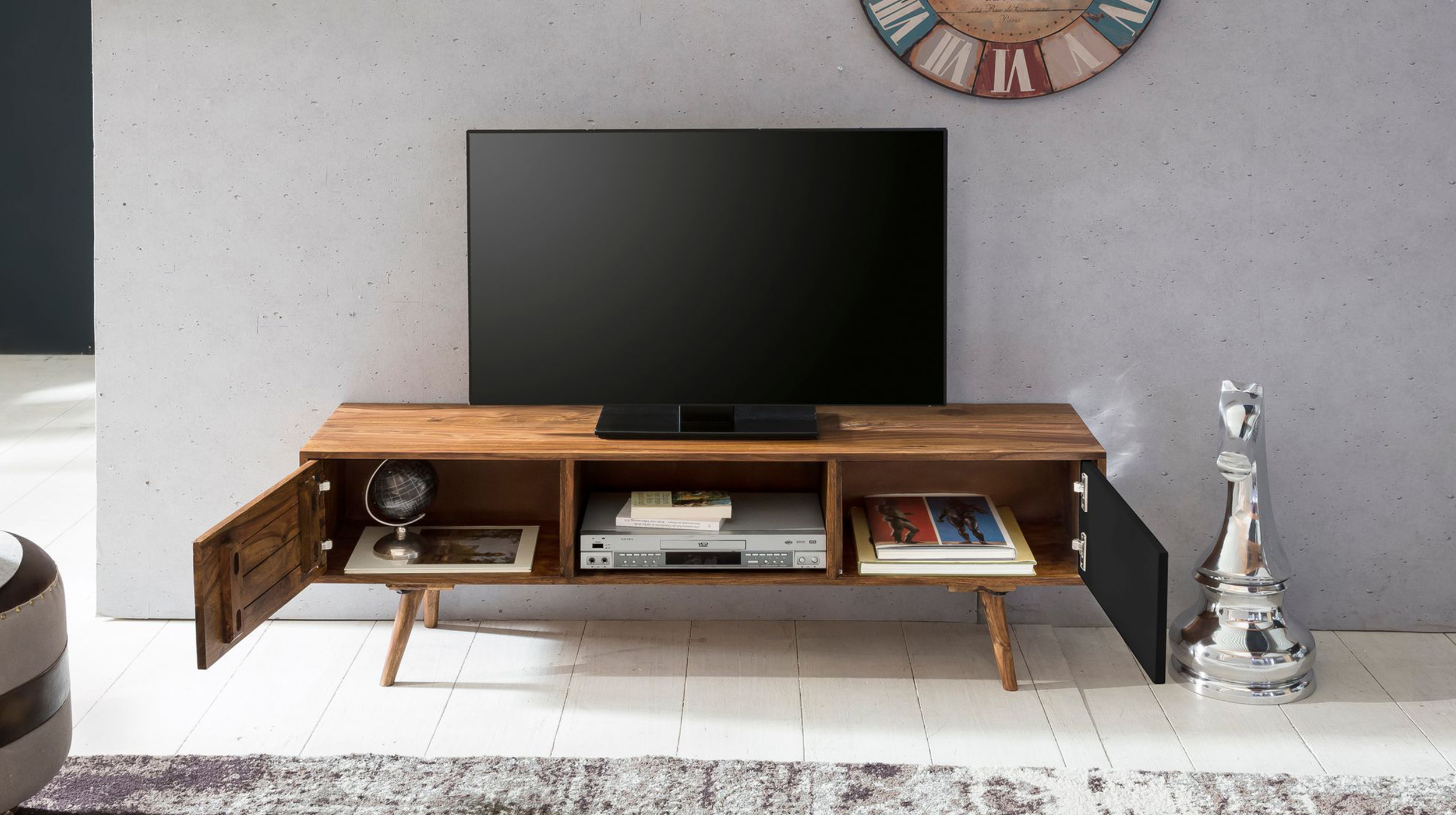 TV-Lowboard Sheesham massiv gebeizt 140 cm - RAKEL 