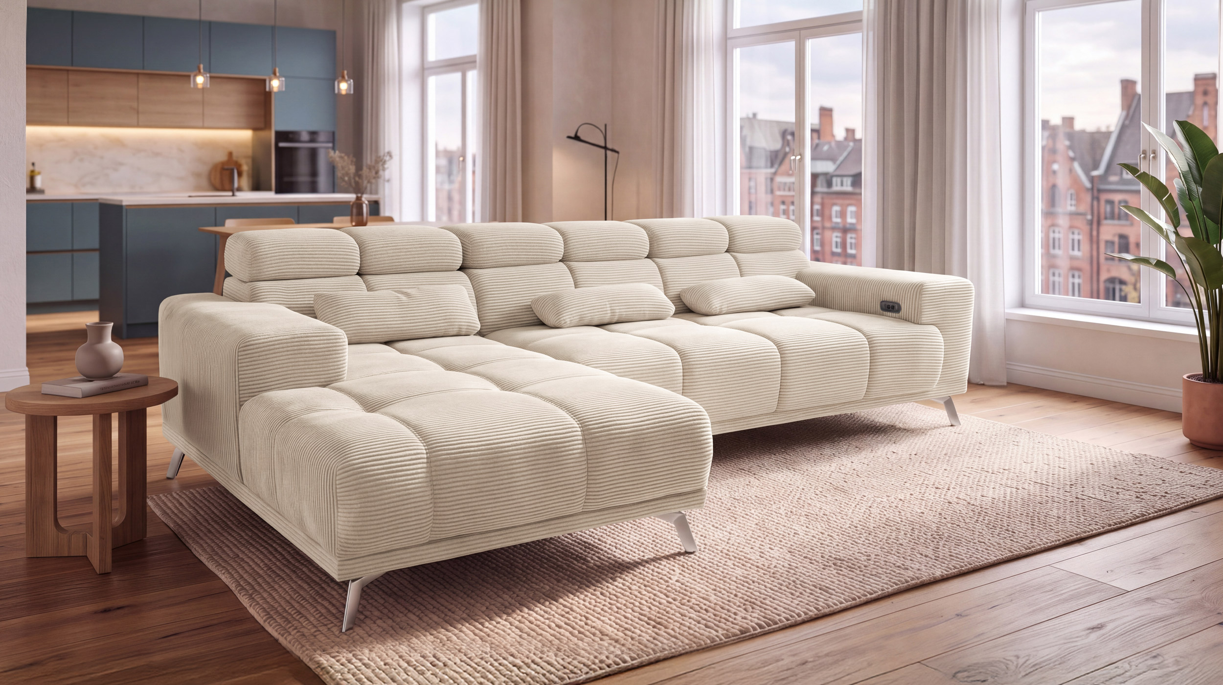 Ecksofa Cord beige elektrisch ausfahrbar 285 cm - OT links - SPEED
